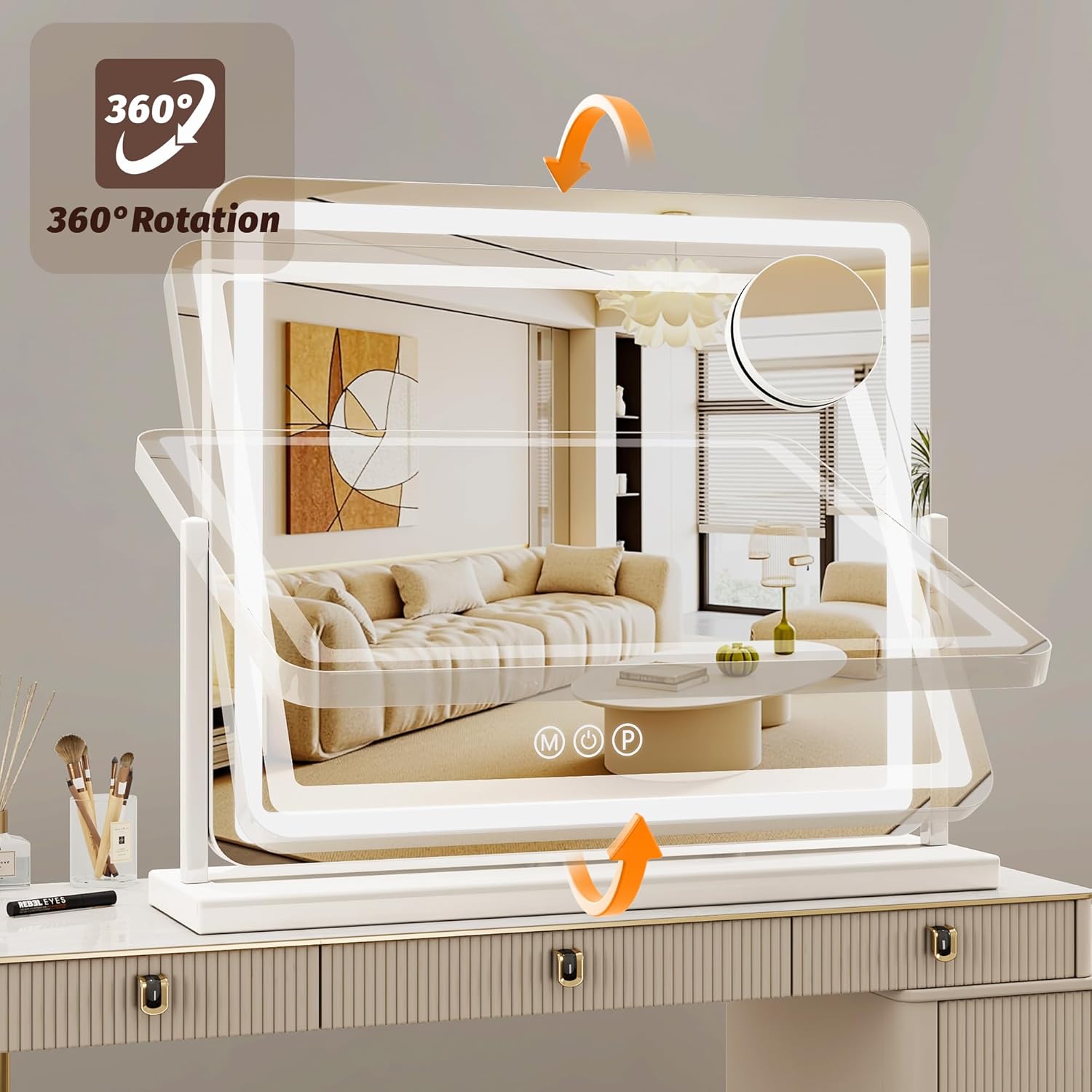 Vanity Mirror with Lights, 22"x19" Hollywood Lighted Makeup Mirror for Tabletop & Bedroom 3 Color Lighting Modes Smart Touch Control 360° Rotation Detachable
