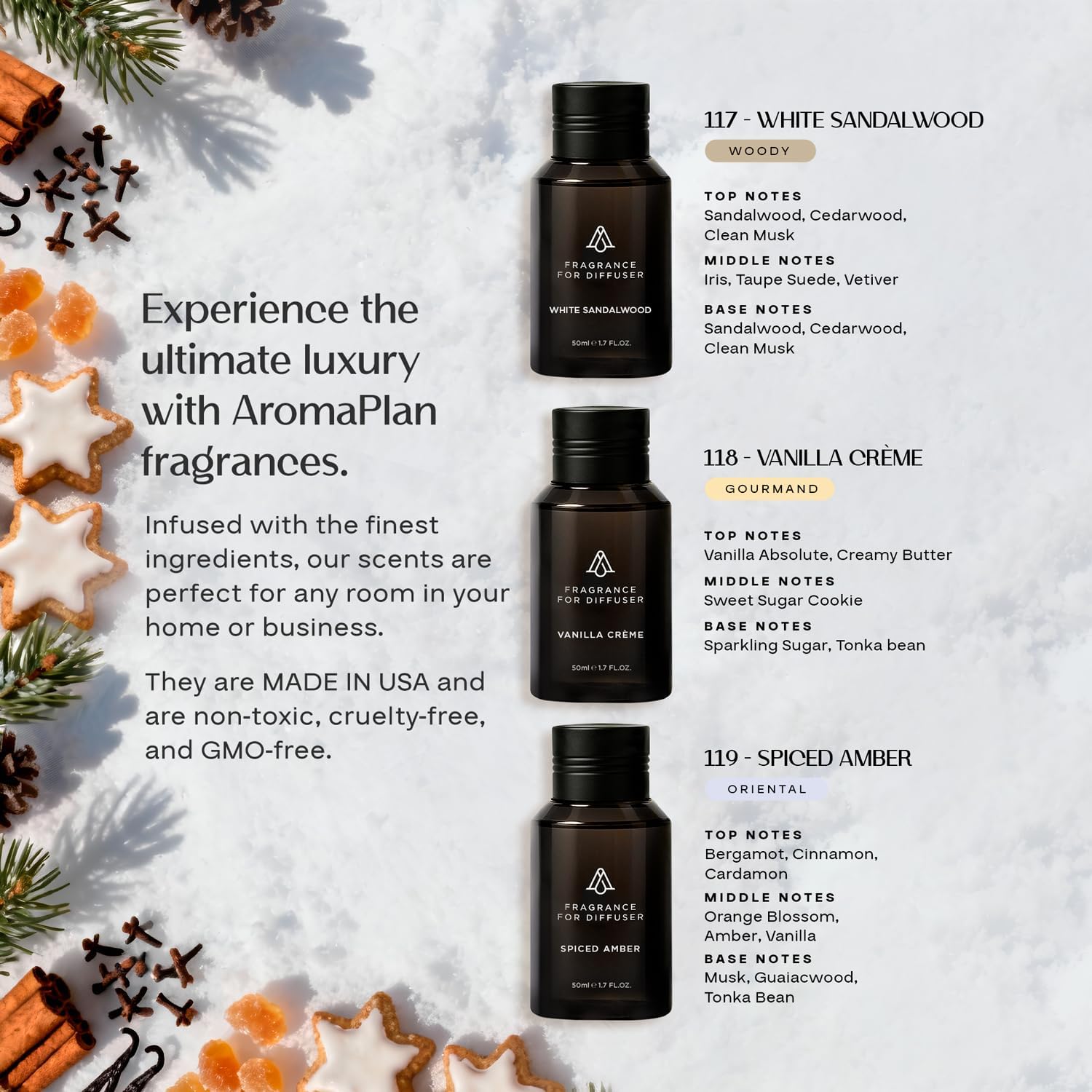 AromaPlan Scent Diffuser Oil Winter Collection- Luxury Fragrance Oil Diffuser-Home & Hotel Fragrance Oil -Non Toxic for Pet and Children-Made in USA-Gift Ready, 3 Pack/1.7 fl.oz, 50 ml Each