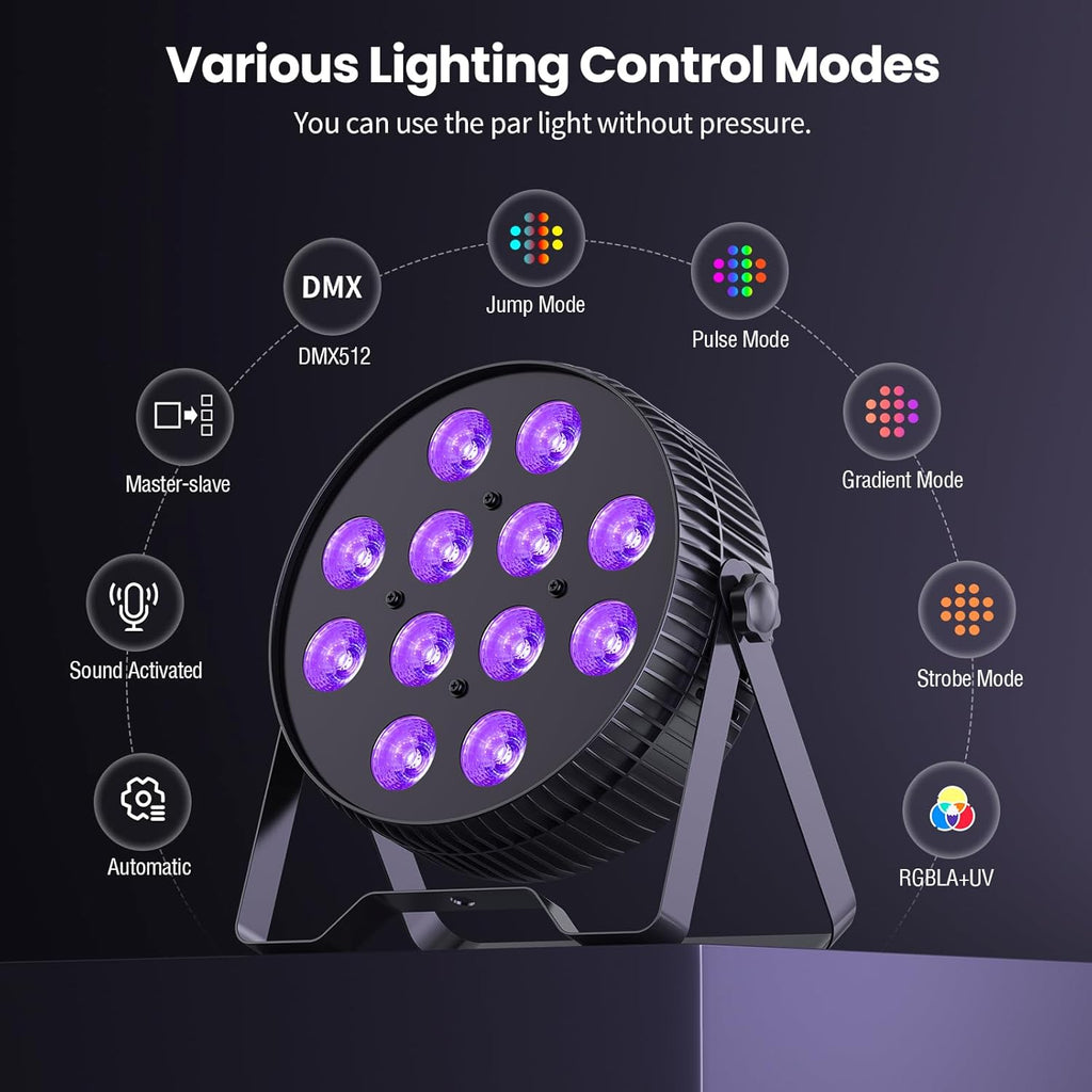 Betopper LED Stage Lights, 12X18W DJ Par Light, RGB+Lime+Amber+UV 6-in-1 Wash/Strobe Effect Stage Lighting, DMX512/Sound Activated Uplighting Lights for DJ, Parties, Concerts, Bars, 4-Pack