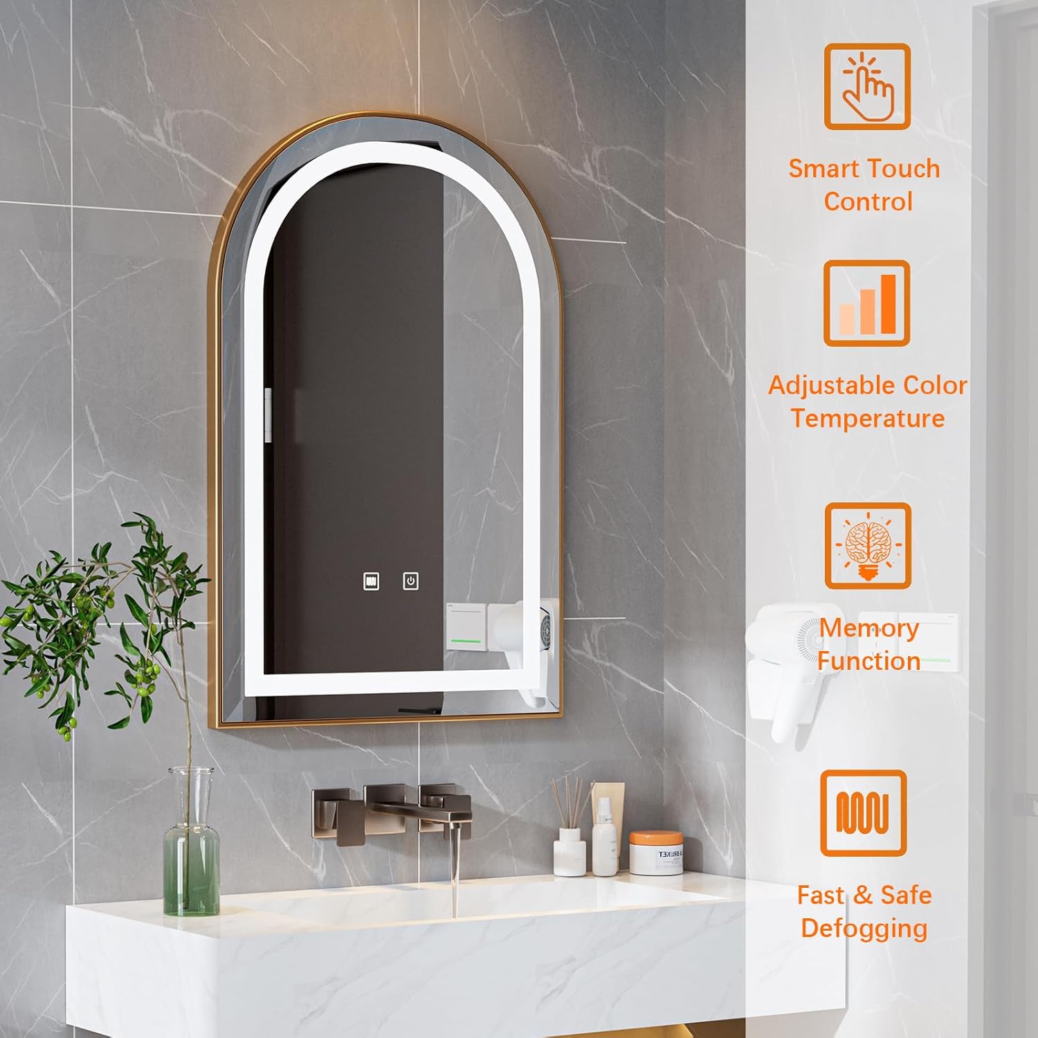LED Bathroom Mirrors with Lights,24"x36"Black Arched Mirror for Bathroom,Fogless,3 Colors Dimmable,Anti-Fog,Wall Mounted Lighted Vanity Mirror,Gold
