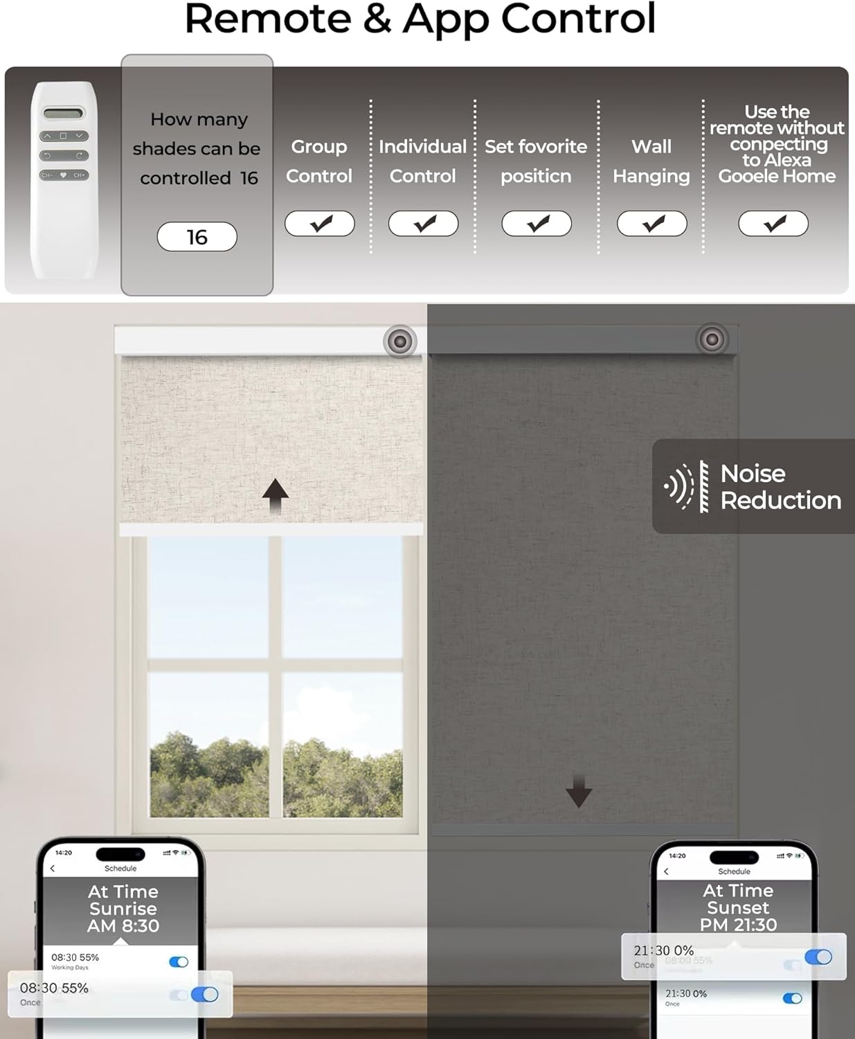 Motorized Roller Shade with Remote Control, 100% Blackout Electric 21-98” Width Blinds for Windows with Via Hub Alexa Google Home, Rechargeable Smart Automatic Customized Size（Linen Beige）