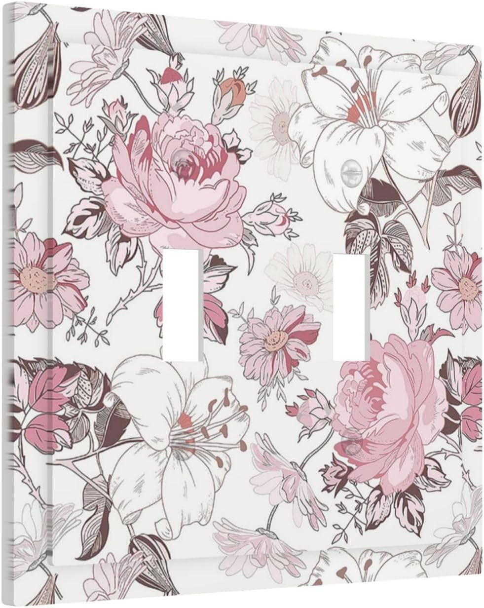 Decorative Switch Plates Modern Watercolor Flower Pink White Wildflower 2 Gang Double Toggle Wall Plate Outlet Light Switch Cover Electrical Faceplate for Bedroom Home Decor