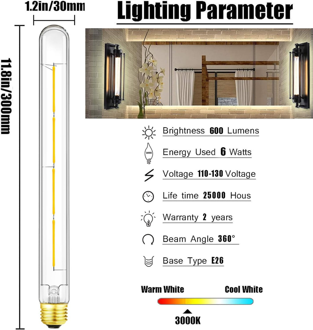 XININSUN T300 Led Bulb, 11.8 Inch Long Tubular Led Light Bulbs, 100Watt Equivalent, 1000lm, Dimmable, Clear Glass, E26 10W T10 LED Edison Tube Lamp Bulb,4 Pack. (6W=60W 3000K)