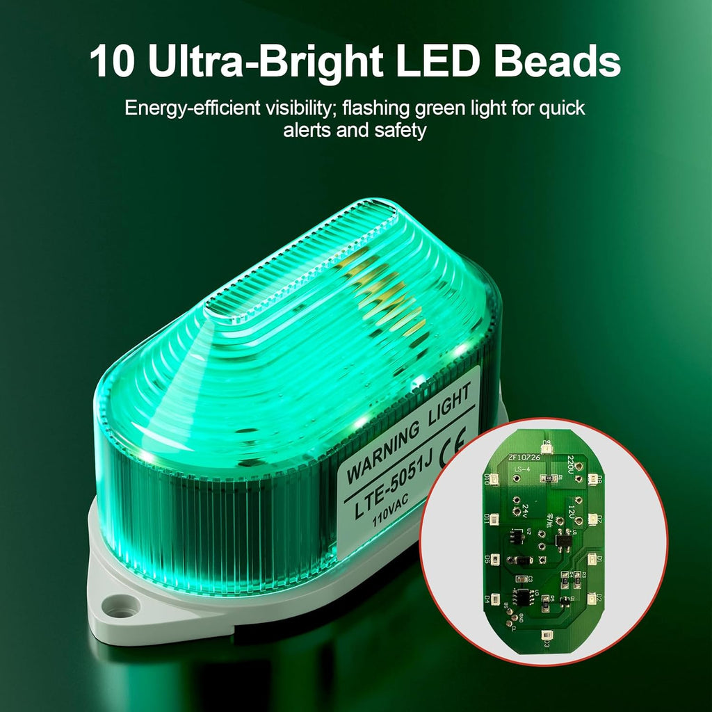 AC110V Strobe Siren Industrial Warning Light with Green LED and 105dB Buzzer, Ultra-Bright Signal Flashing Alarm Light for Safety and Alert, Oval
