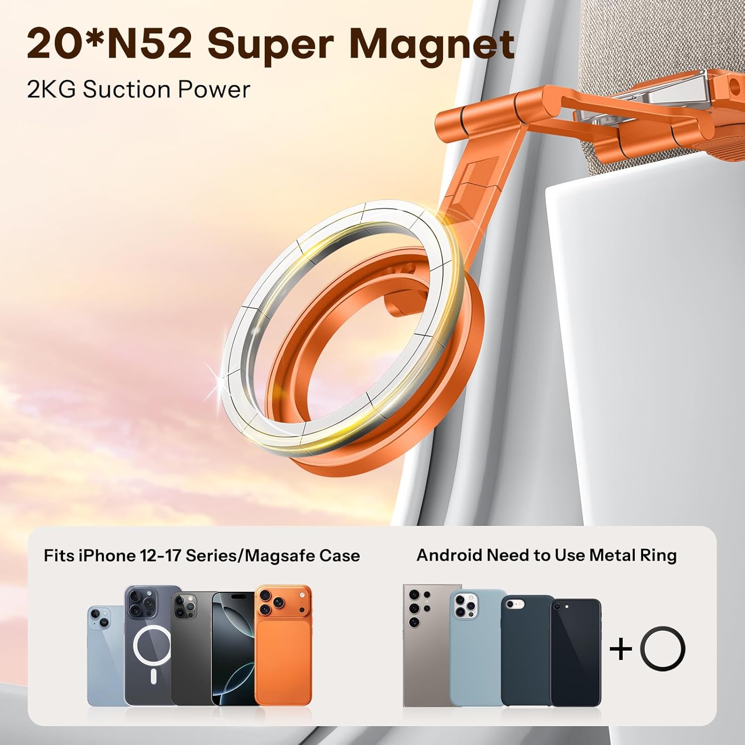 OMOTON 360°Rotating for MagSafe Tripod Mount, Adjustable Aluminum Magnetic Phone Tripod for iPhone 17/16/15/14 Pro Max Air, Foldable Cell Phone Stand Fits Vlog, Gym, Travel Essentials, Orange