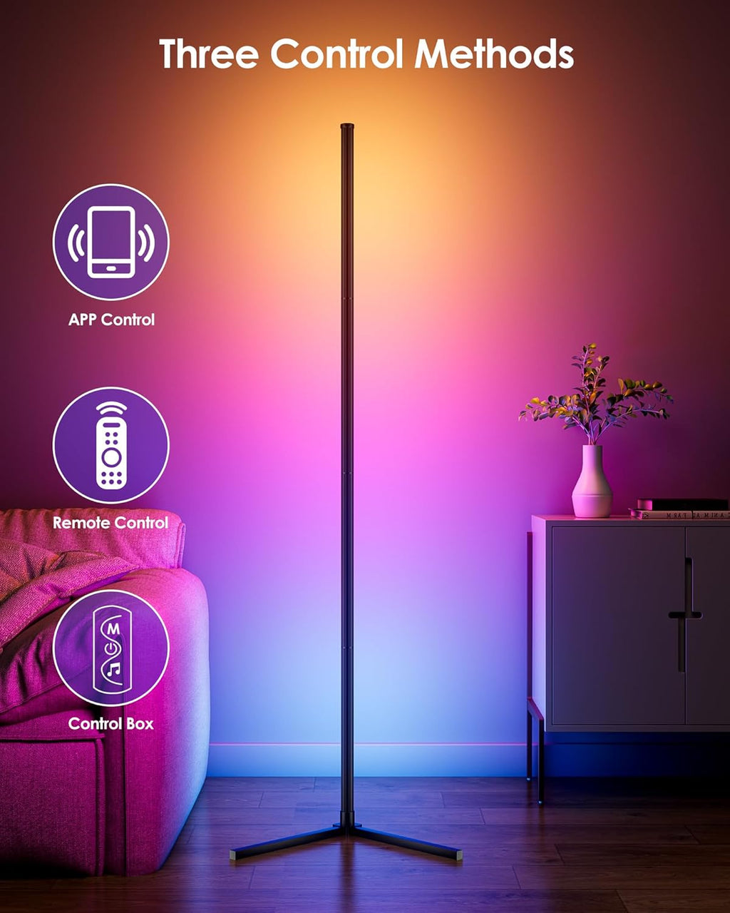 Corner Floor Lamp, 65" Smart RGB Color Changing LED Floor Lamp with APP and Remote Control, Modern Mood Lighting Corner Lamp with Music Sync, DIY Mode & Timing for Living Room Gaming Room