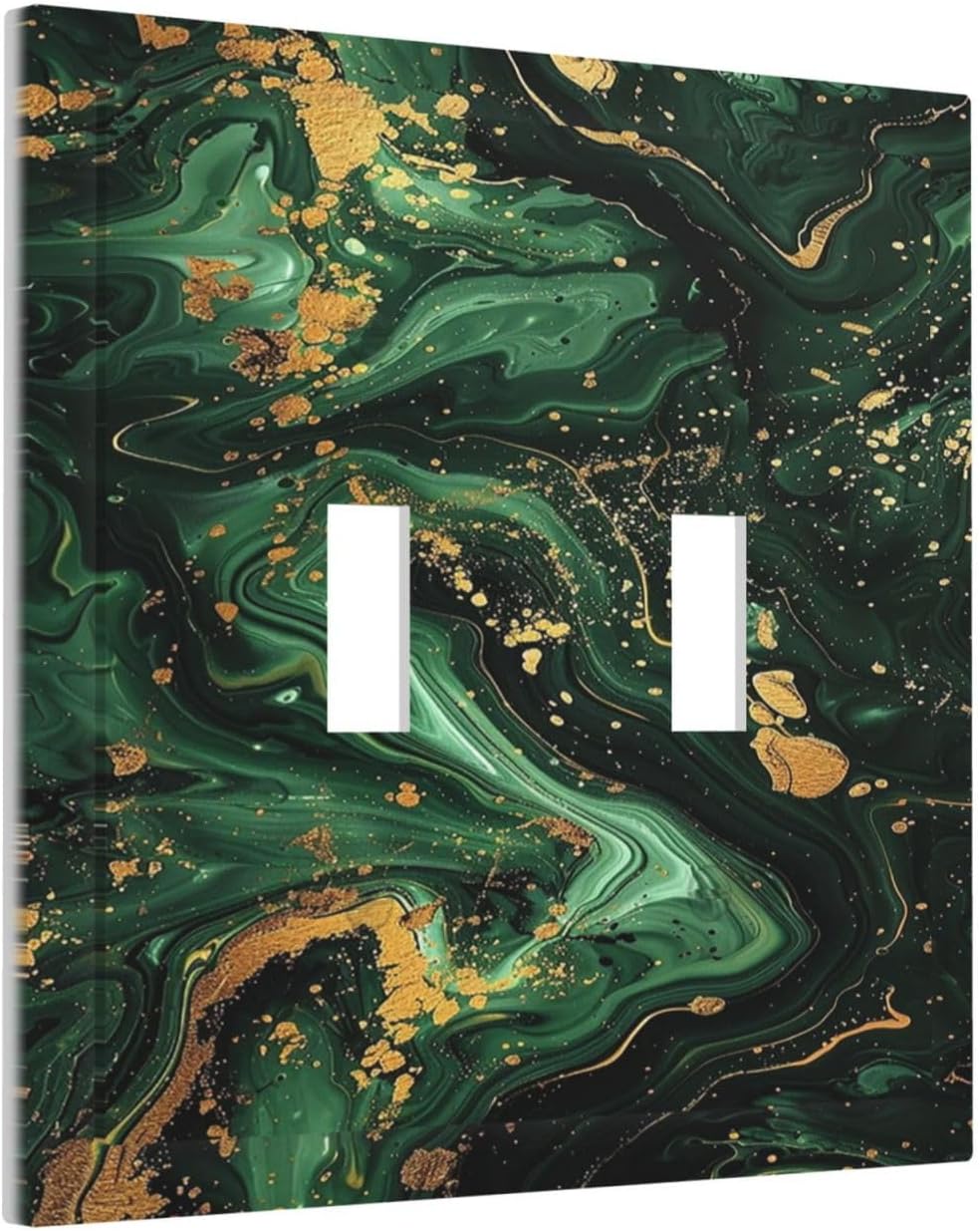 Green/Gold Modern Abstract Luxury Marble 2 Gang Double Toggle Light Switch Cover Decorative Switchplate Electrical Wall Plates Faceplate for Bathroom Bedroom Decor 4.9 X 5 IN