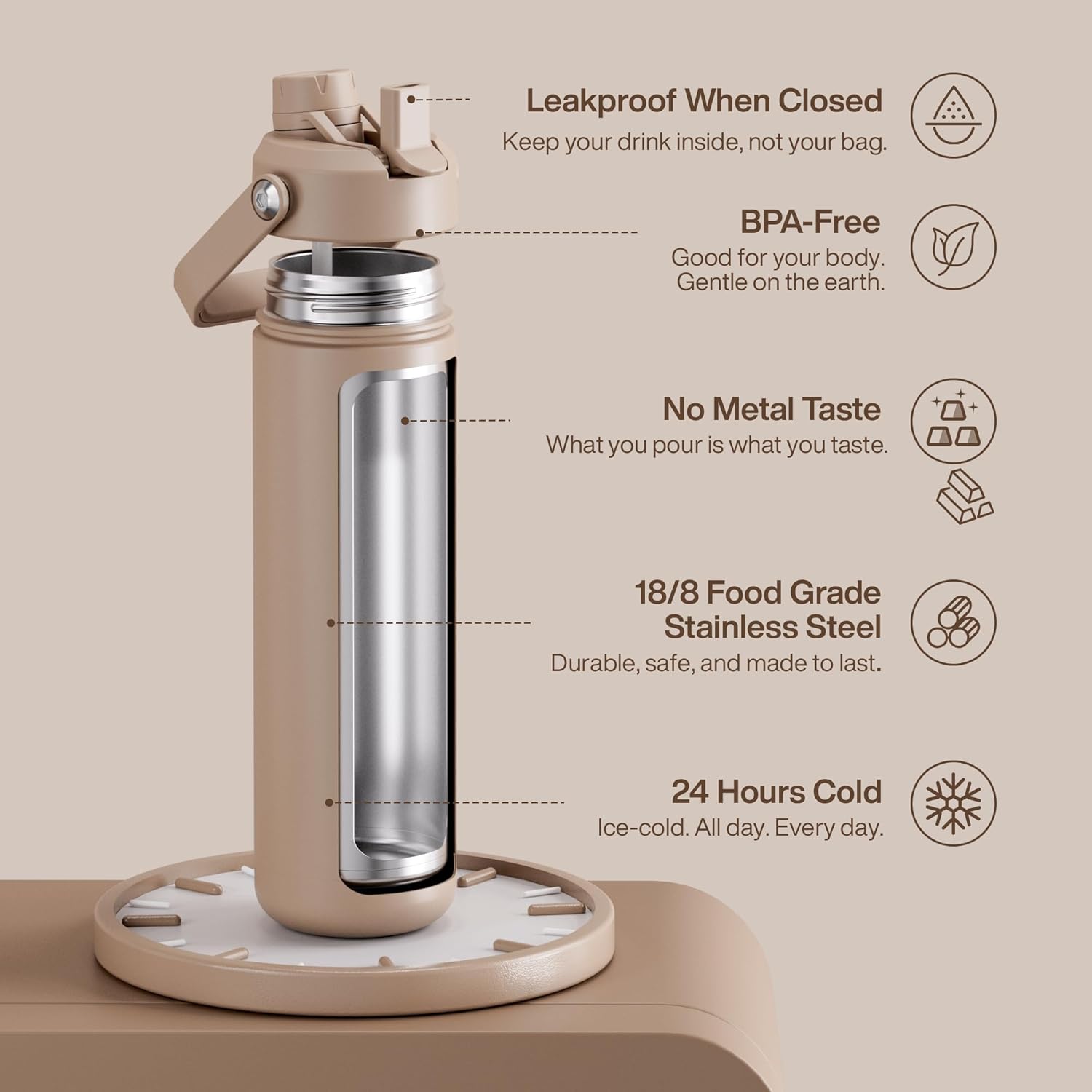 ENCOOL Insulated Water Bottle with Straw Stainless Steel Water Bottle, Leak-Proof, BPA-Free, Double Wall Vacuum Keeps Cold for 24 Hours for Sports, Travel, School (26 oz, Raw Umber)