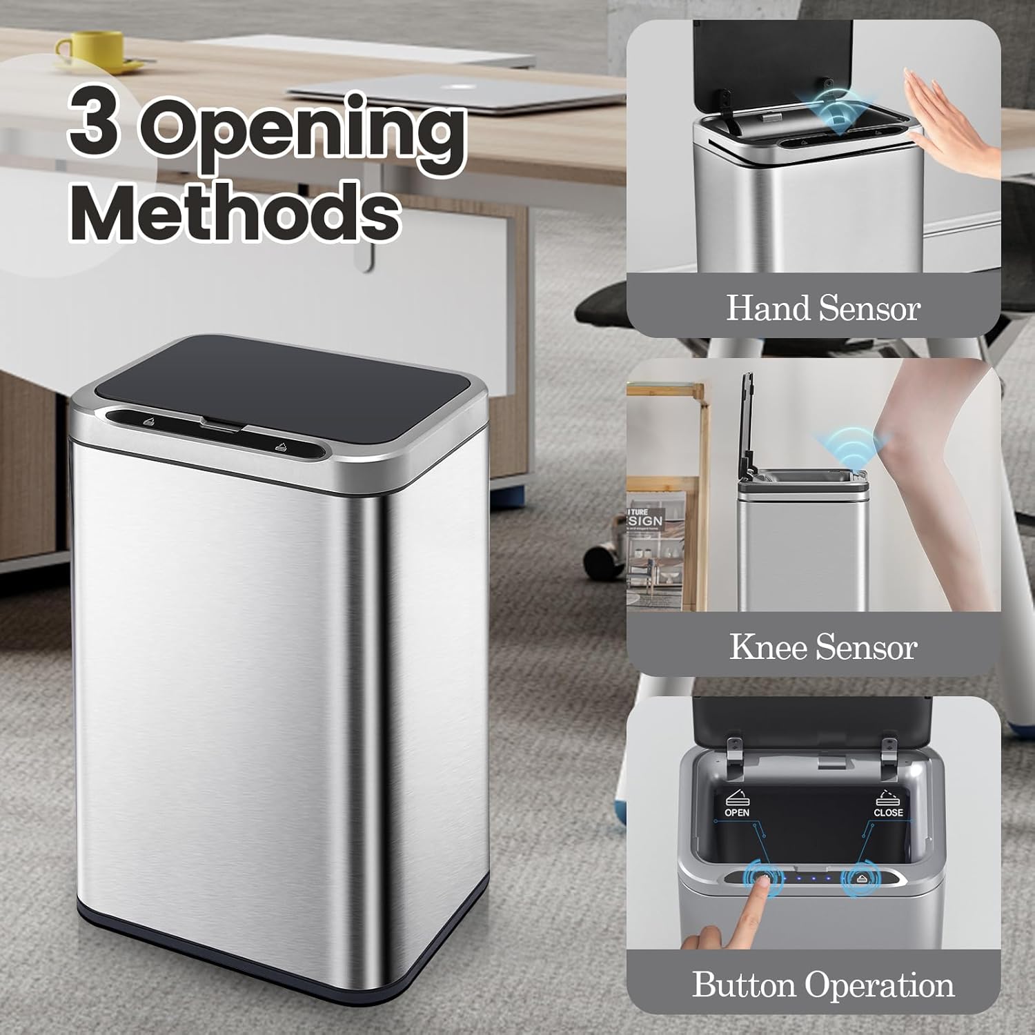 ELPHECO Stainless Steel Office Trash Can Motion Sensor Garbage Can Touchless Smart Trash Can Automatic Waste Bin for Kitchen, Office, Bathroom (Silver, 6.6 Gallons), 2AA