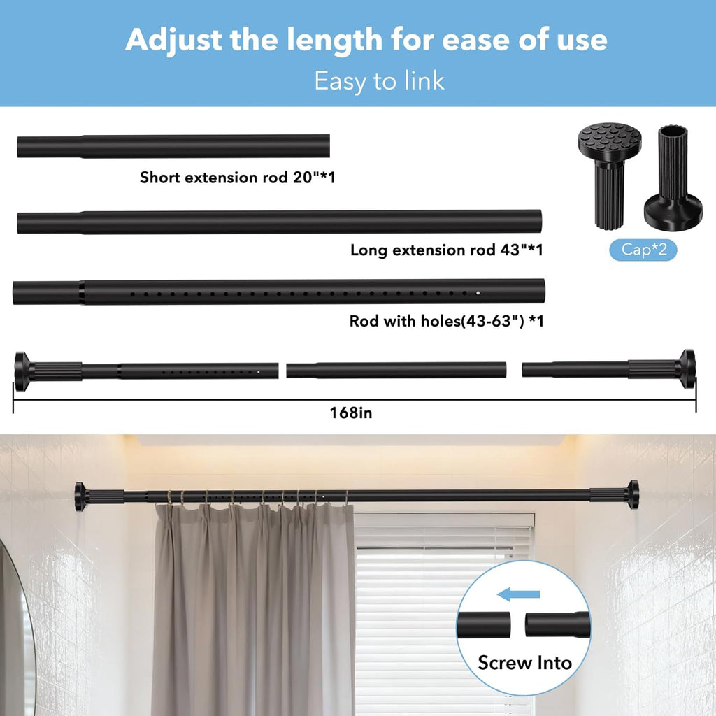 Tension Curtain Rod 51–168 In (4.25–14 ft),Extra Long Outdoor Curtain Rod for Window or Bathroom Patio,Easy to Install No Drilling Never Rust,Heavy Duty Adjustable Spring Shower Rod