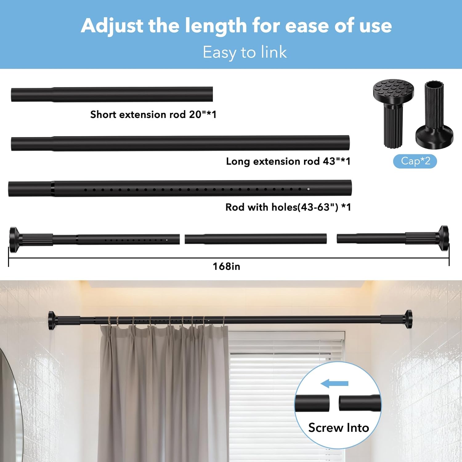 Tension Curtain Rod 51–148 In (4.25–12.33 ft),Extra Long Outdoor Curtain Rod for Window or Bathroom Patio,Easy to Install No Drilling Never Rust,Heavy Duty Adjustable Spring Shower Rod