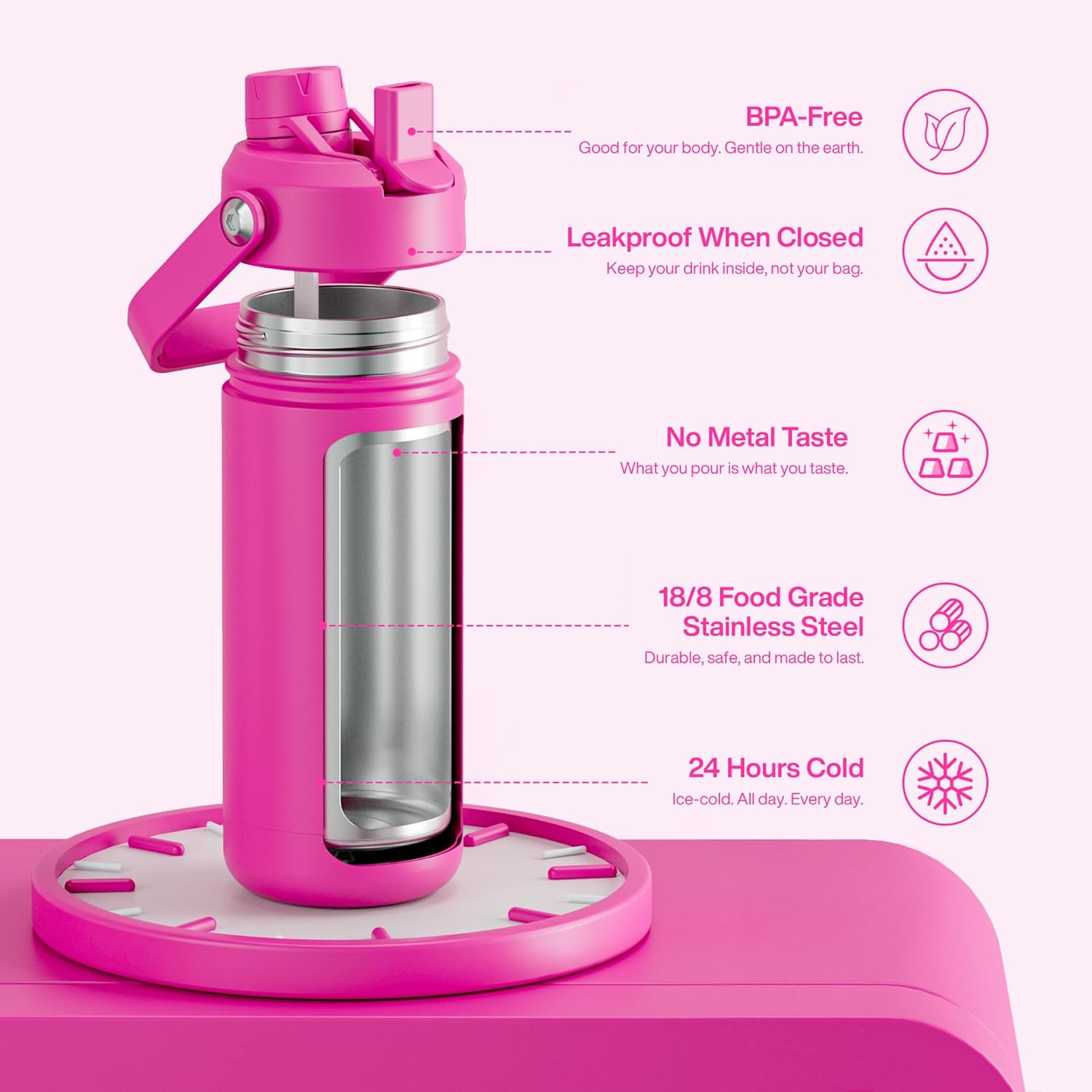 ENCOOL Insulated Water Bottle with Straw Stainless Steel Water Bottle, Leak-Proof, BPA-Free, Double Wall Vacuum Keeps Cold for 24 Hours for Sports, Travel, School (18 oz, Persian Rose)