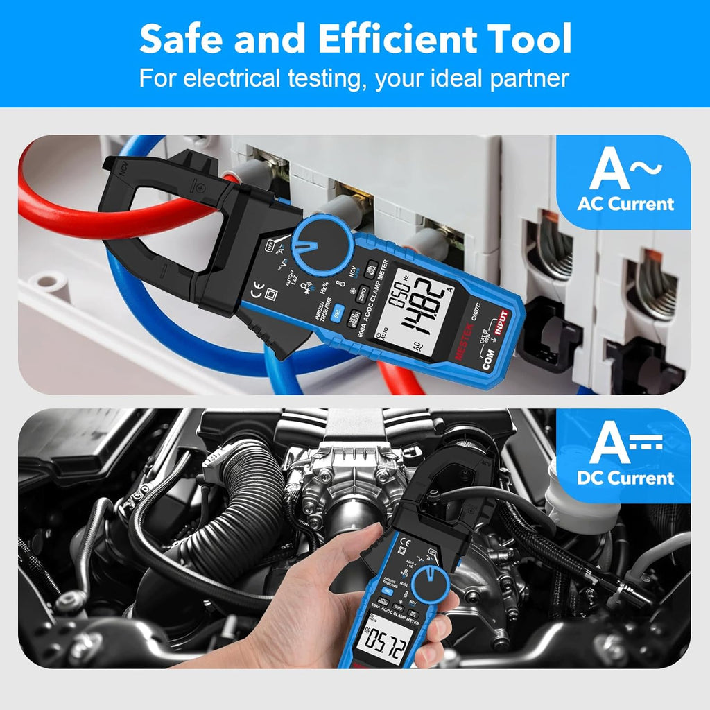Digital Inrush Clamp Meter Multimeter, MESTEK T-RMS 6000 Counts 600A Current Amp Volt Meter with VFD,LOZ Mode; Measures NCV AC/DC Current Voltage Temperature Resistance Capacitance Continuity