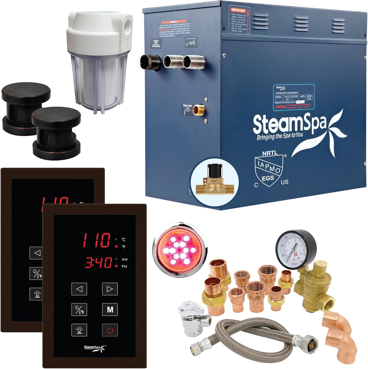 SteamSpa 10.5kW Steam Generator Steam Sauna Generator Bundle 240V with Touch Pad, Steamheads, Pressure Relief Valve, Built-in Auto Drain, LED Light, Filter and Quick Install Kit EXT1050OB-A