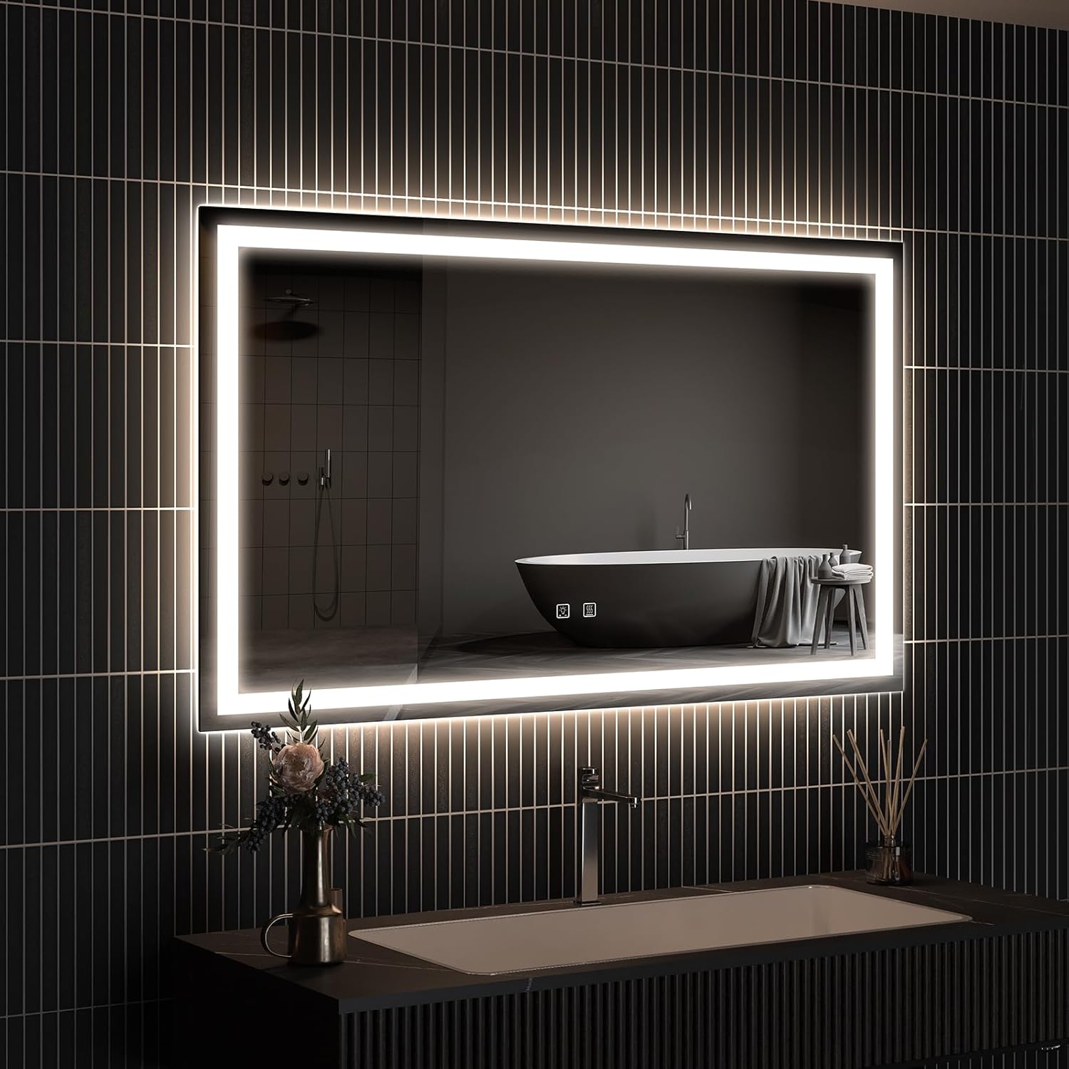 APRILSOUL 48x32 Inch LED Bathroom Mirror with Front and Backlit, Makeup Mirror with 3 Color Lights, Memory Function, Anti-Fog and Dimmable Light (Horizontal)