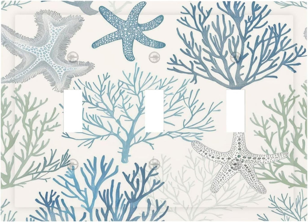 Decorative Switch Plates Ocean Beach Theme Starfish Seashell Coral 3 Gang Wall Plate Triple Toggle Light Switch Cover Faceplate Electrical Wall Panels For Bathroom Kids Room Decor