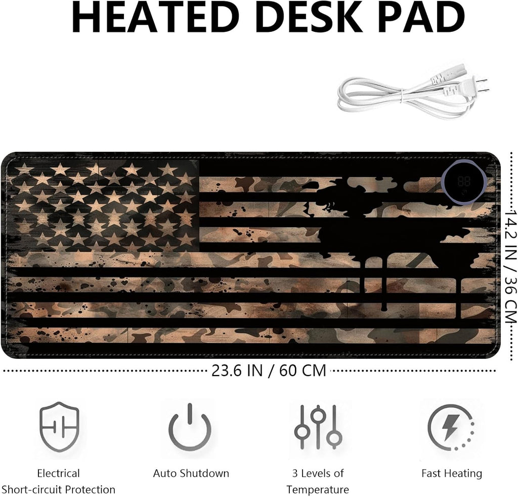 Heated Mouse Pad with 3 Levels Heated & 3 Hours Auto Shut-Off Mouse Pad for Warming Hands in Office Home, 23.6" x 14.2"Large Safe Desk Mat Hand Warmer，Vintage Flag