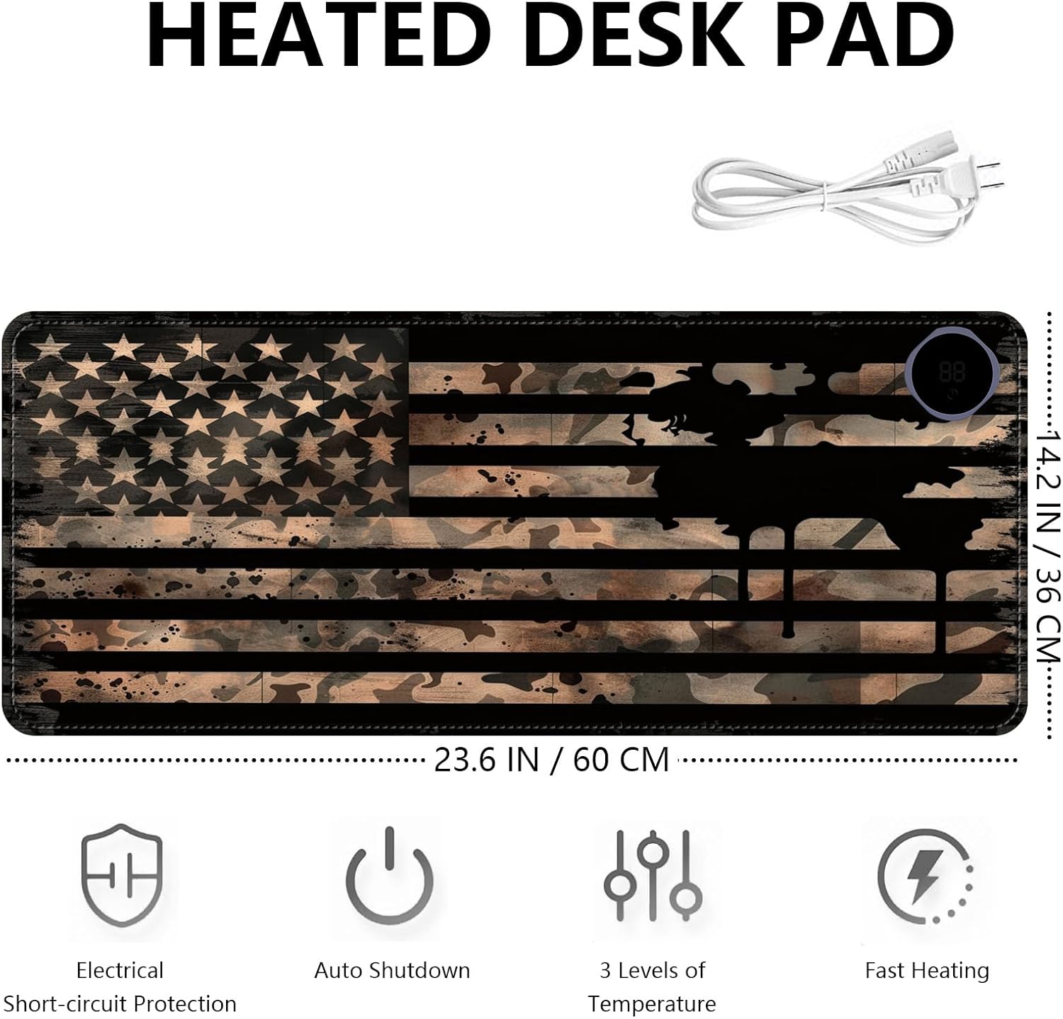 Heated Mouse Pad with 3 Levels Heated & 3 Hours Auto Shut-Off Mouse Pad for Warming Hands in Office Home, 23.6" x 14.2"Large Safe Desk Mat Hand Warmer，Vintage Flag