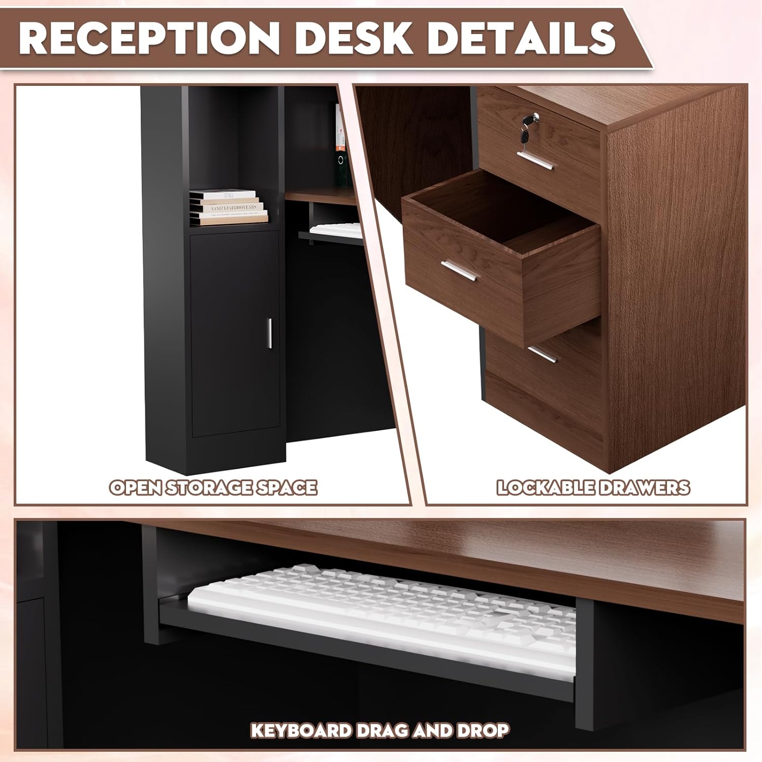 L-Shaped Modern Reception Desk with Counter & Storage - 71" Large Office Front Desk, Salon Checkout Counter with Lockable Cabinets, Shelves(Brown & Black, Right - 71''L x 34''W x 41''H)