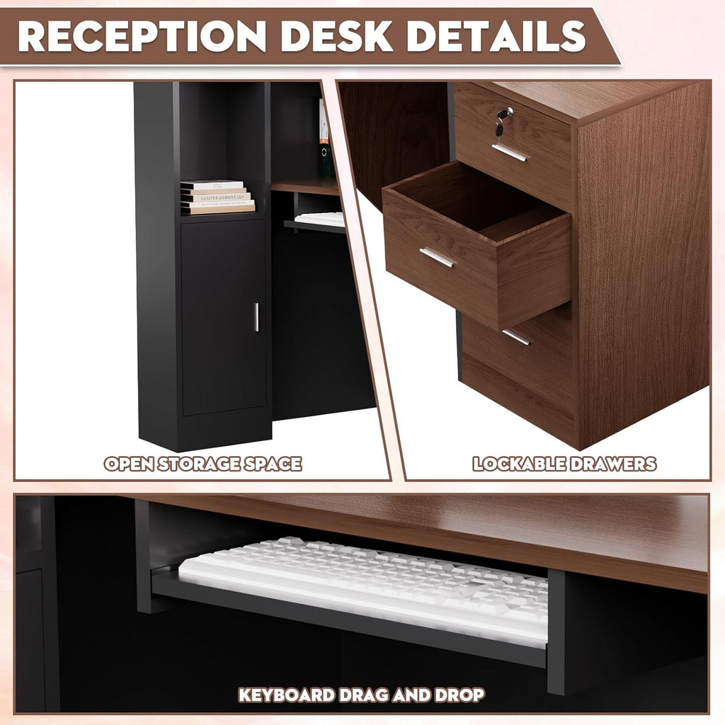 L-Shaped Modern Reception Desk with Counter & Storage - 84" Large Office Front Desk, Salon Checkout Counter with Lockable Cabinets, Shelves (Brown & Black, Left - 84''L x 34''W x 41''H)