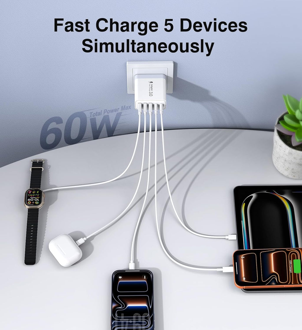 [2-Pack] USB C Wall Charger, 60W Fast USB C Charger Block, 5-Port PD Power Adapter + QC Wall Plug Multiport Type C Charging Block Cube Compatible with iPhone 17 16 15 14 13 12 Pro Max XR XS, Tablets