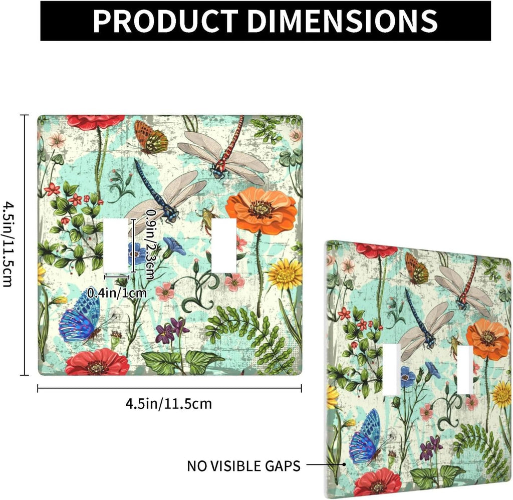 Dragonflies Flowers Butterfly 2 Gang Double Toggle Outlet Light Switch Cover Decorative Wall Plate Cover For Home Living Bedroom Kitchen Decorative