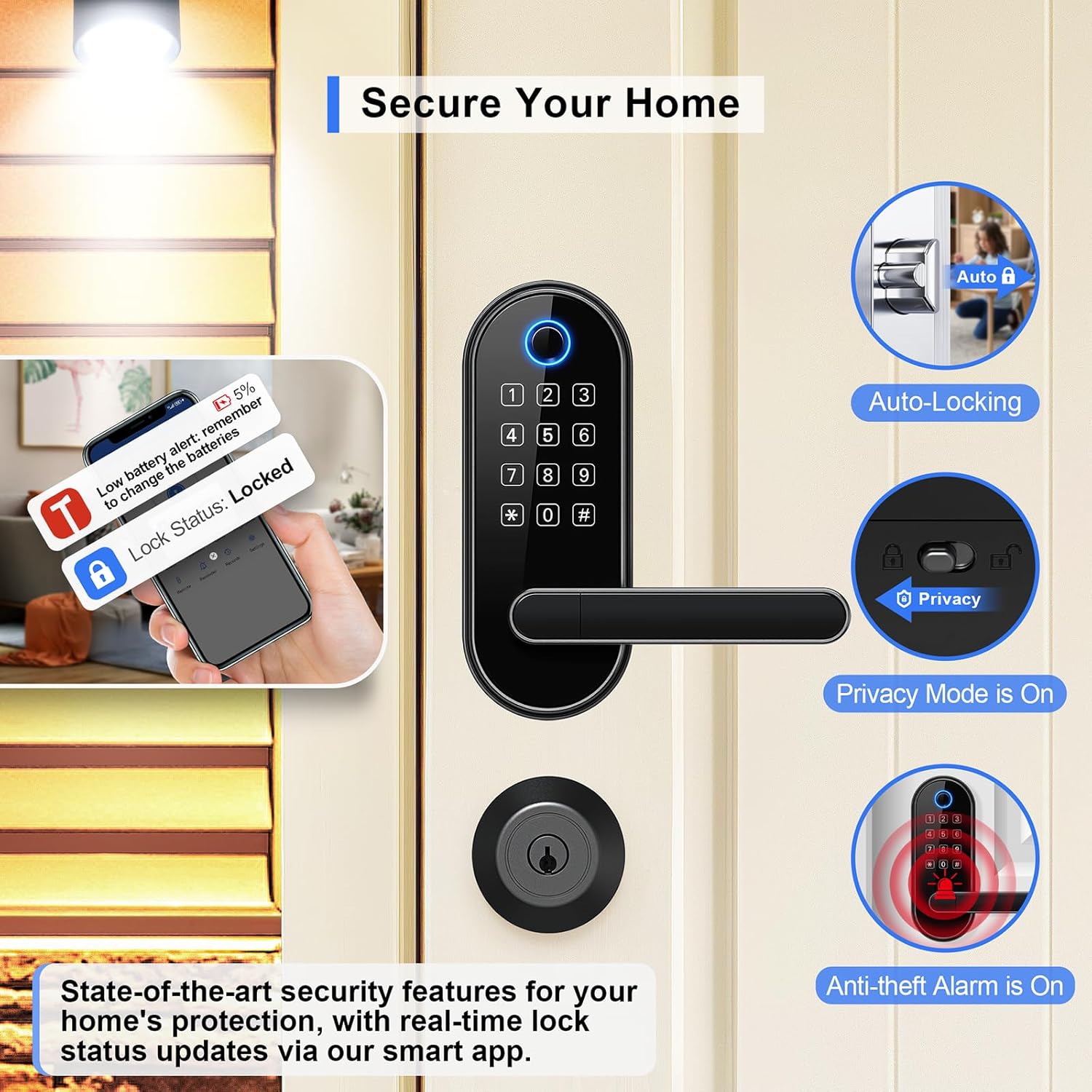 Bluetooth Fingerprint Smart Lock with Handle & Keypad – Fits Most US Doors, DIY Install, Keyless Entry: Code, FOB, Auto-Lock. Ideal for Home, Airbnb & Rental, Kids & Seniors. Alexa & Google Compatible