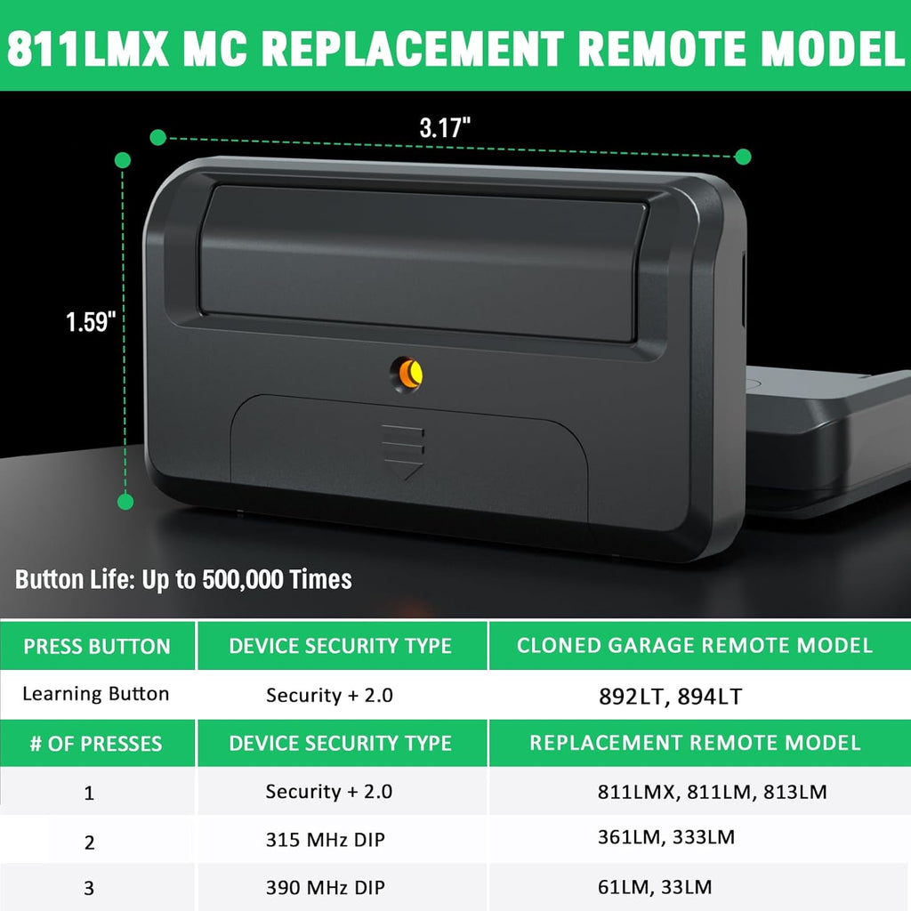 Upgrade 811LMX MC Gate Opener Remote Replacement for Liftmaster 811LMX / 811LM 1 Button Remote Control, for Liftmaster 850LM 860LM Star1000 Receiver, Security+ 2.0 315MHz 390MHz, 12 Dip Switch 4 Pack