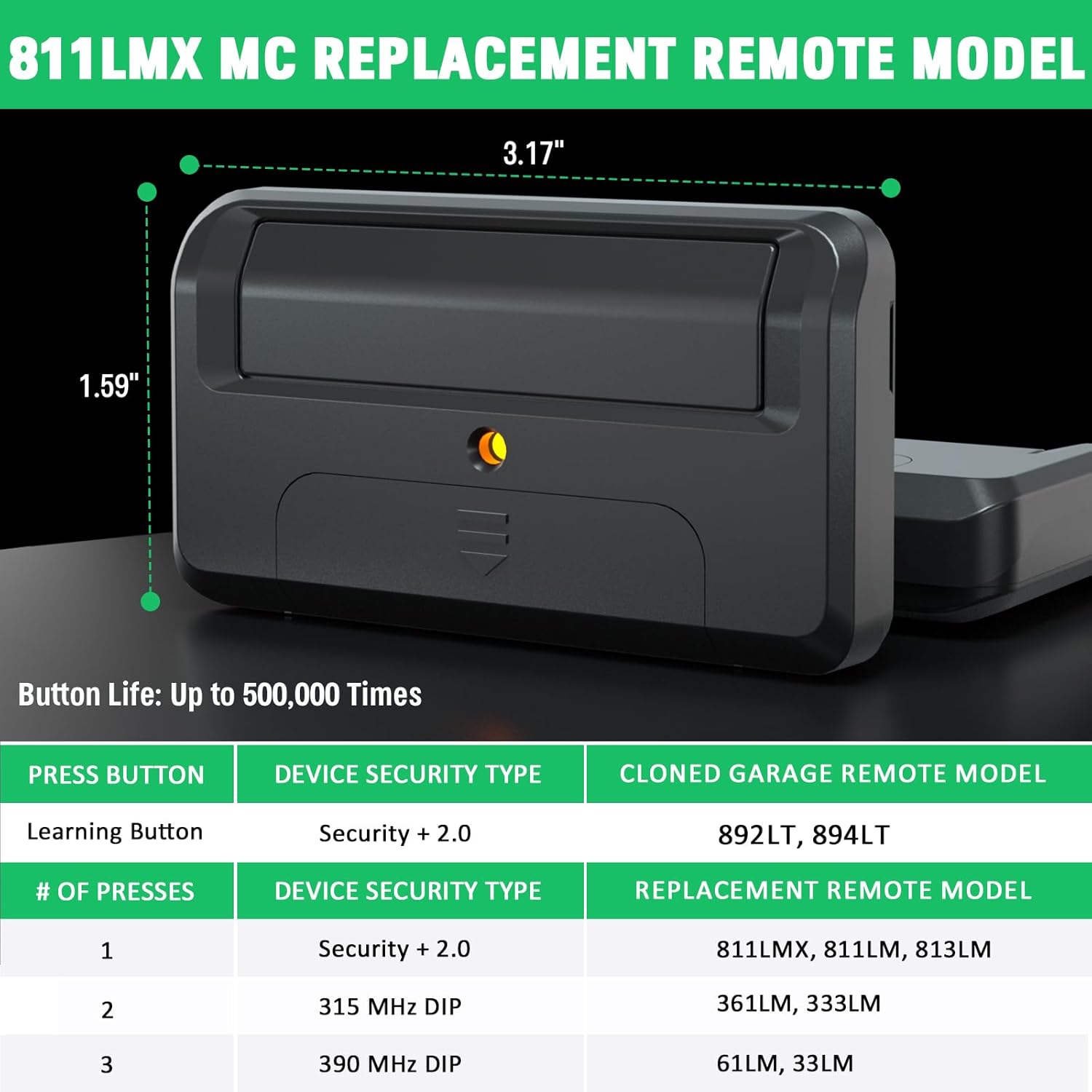 Upgrade 811LMX MC Gate Opener Remote Replacement for Liftmaster 811LMX / 811LM 1 Button Remote Control, for Liftmaster 850LM 860LM Star1000 Receiver, Security+ 2.0 315MHz 390MHz, 12 Dip Switch 4 Pack