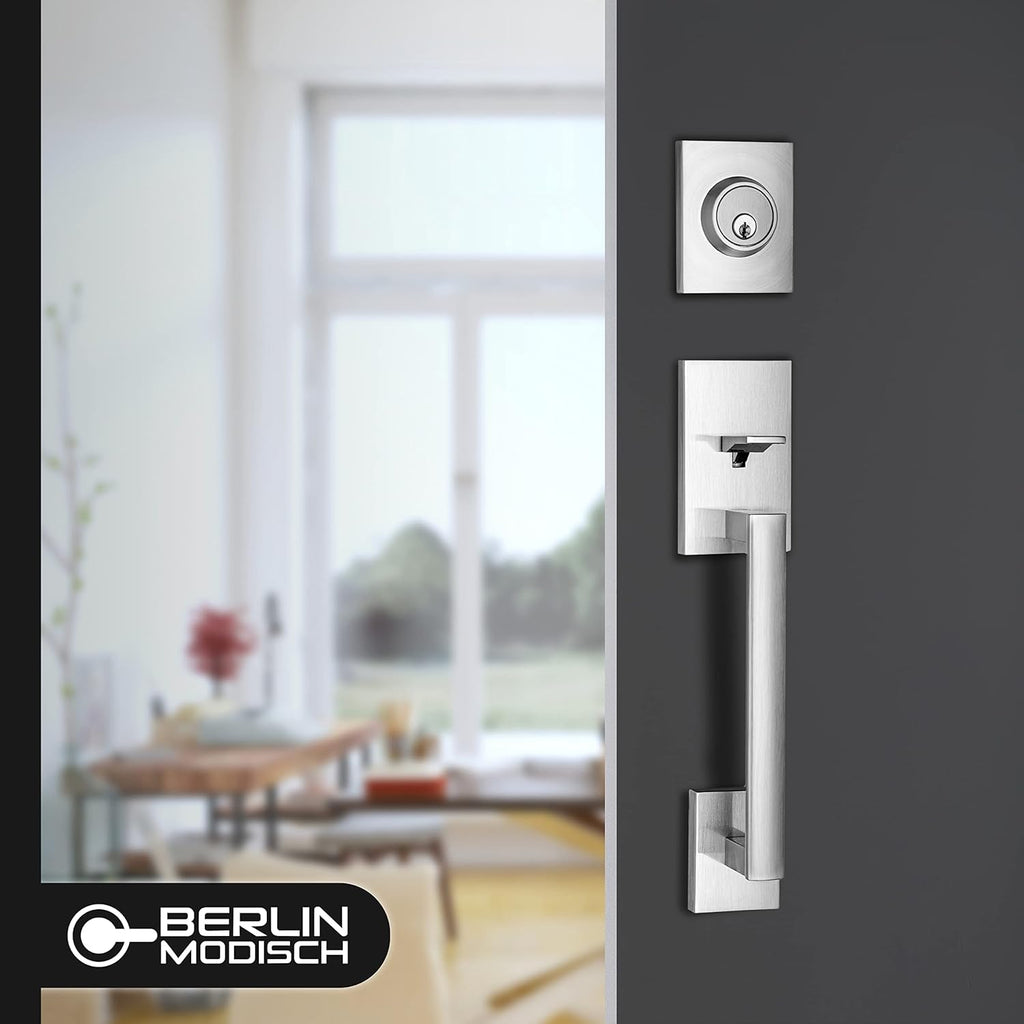 Berlin Modisch HandleSet Front Door Entry Handle and Deadbolt Lock Set Slim Square Single Cylinder Deadbolt and Lever Reversible for Right & Left Sided Doors Heavy Duty – Satin Nickel Finish