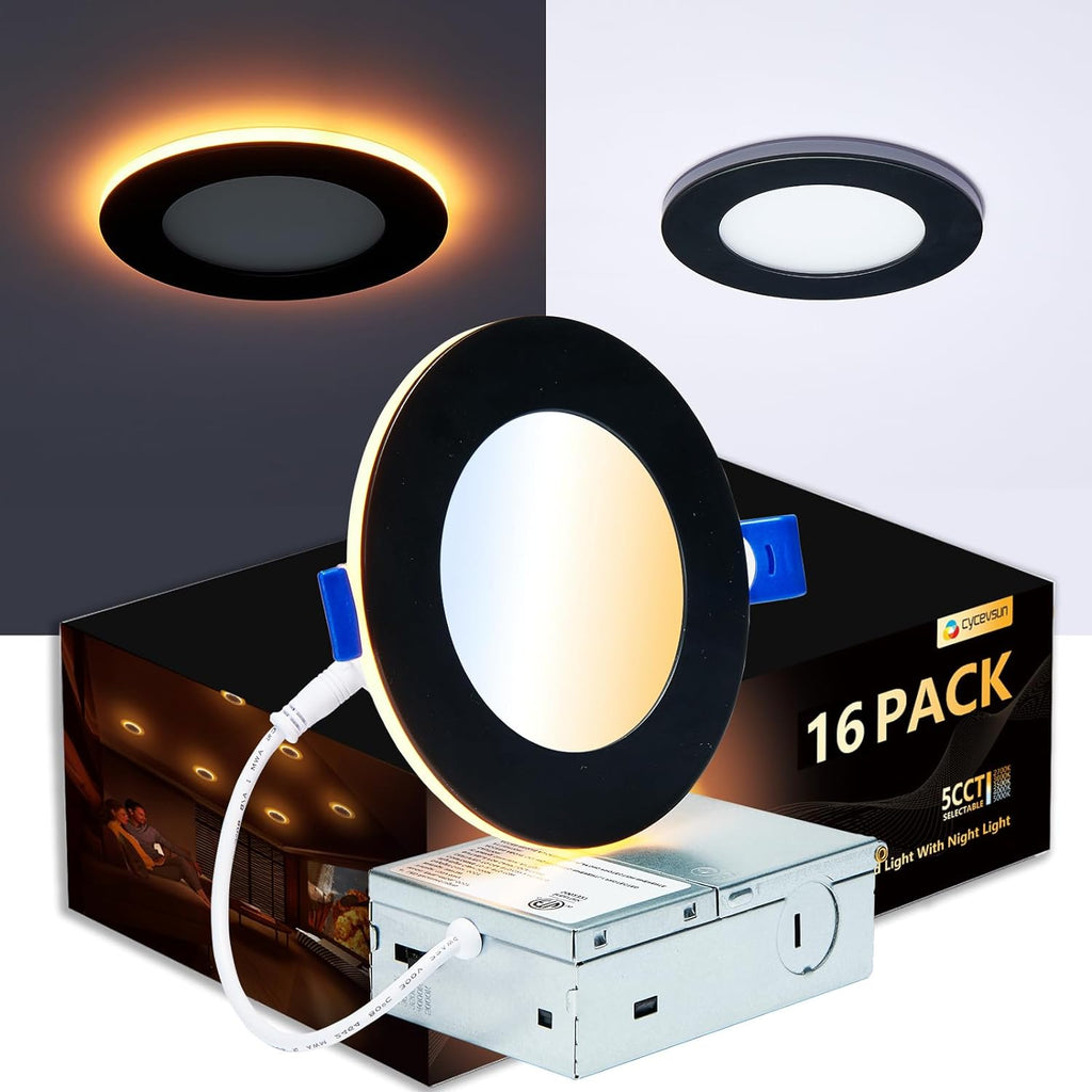 CycevSun 16 Pack Black Recessed Lights 4 Inch with Night Light, Canless Ultra Thin Wafer Soffit Downlight with Junction Box, Dimmable & 5 Color Selectable, 9W, ETL & Energy Star