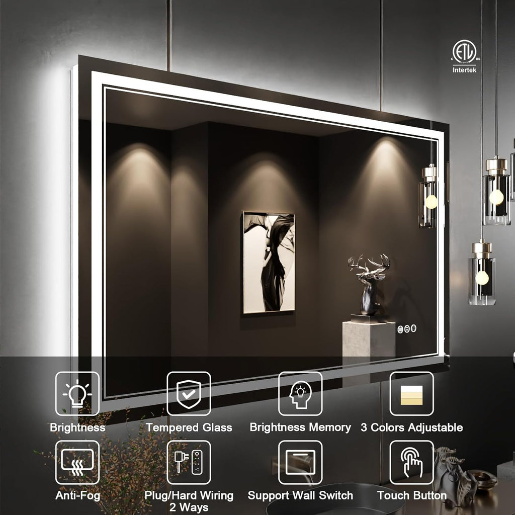 48 x 30 Inch LED Bathroom Mirror with Lights, Front and Backlit Anti-Fog Dimmable Memory Lighted Bathroom Vanity Mirrors for Wall, Shatterproof Led Mirror for Bathroom