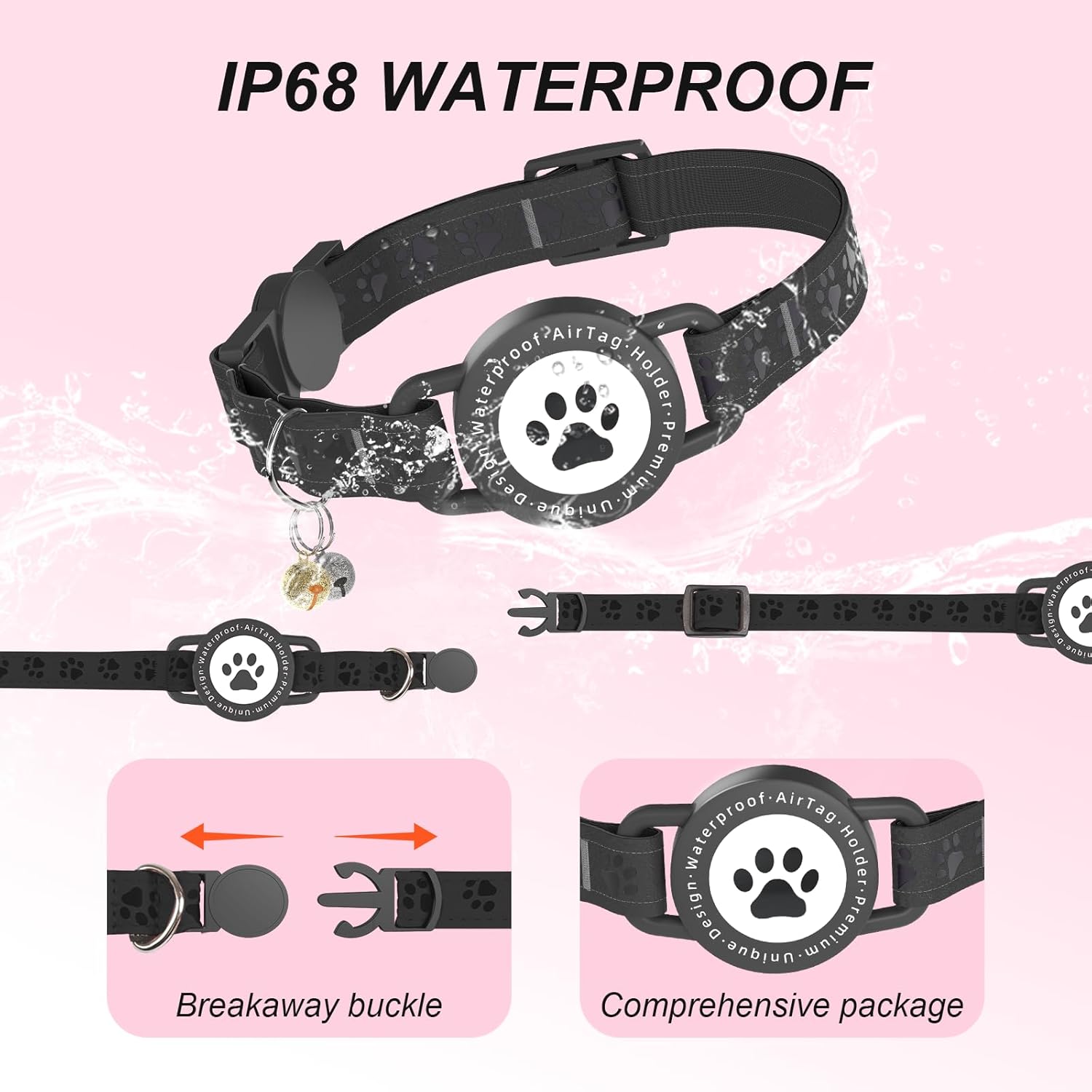 GPS Tracker for Cats, Waterproof GPS Cat Trackers Cats Collar with Bells, No Subscription, GPS Cat Collar, Adapt with Apple Find My (iOS Only) Finder Tag for items Pets Christmas Gift (BLACK)