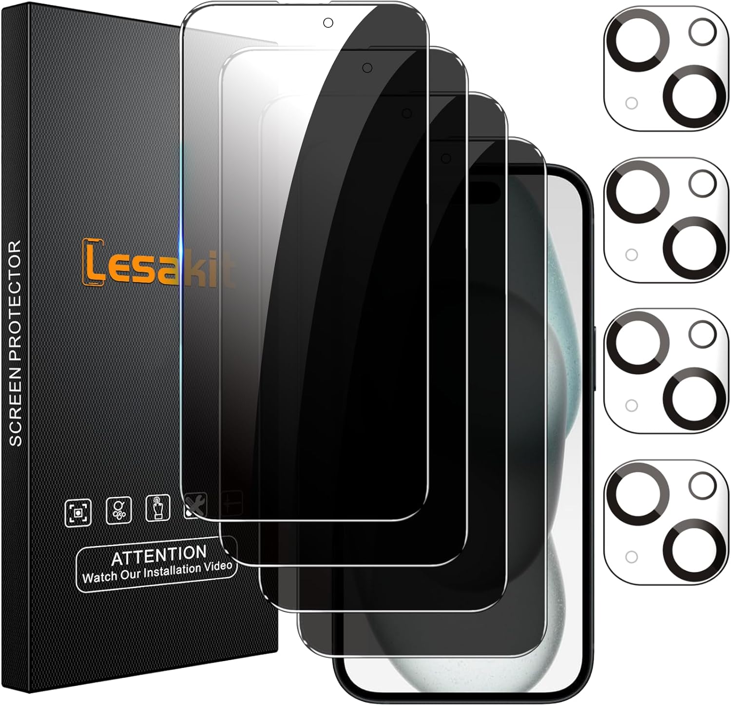 4+4 Pack Privacy Screen Protector for iPhone 15 Plus 6.7-Inch with 4 Pack Camera Lens Protector, Anti Spy Tempered Glass Film 9H Hardness Case Friendly