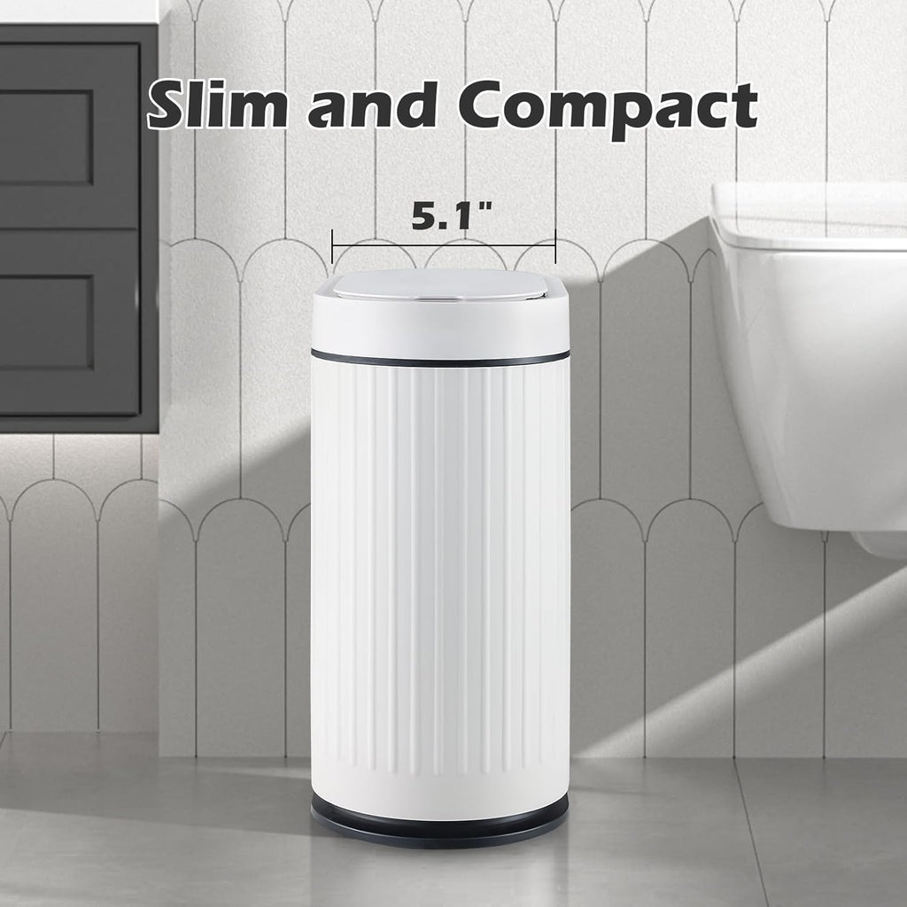 ELPHECO Bathroom Trash Can with Lid 2 Gallon Motion Sensor Garbage Can 7.5 Liter Small Trash can Touchless Bathroom Decor Waterproof Smart Waste Bin with Stripes for Bedroom, Office (White-Black)