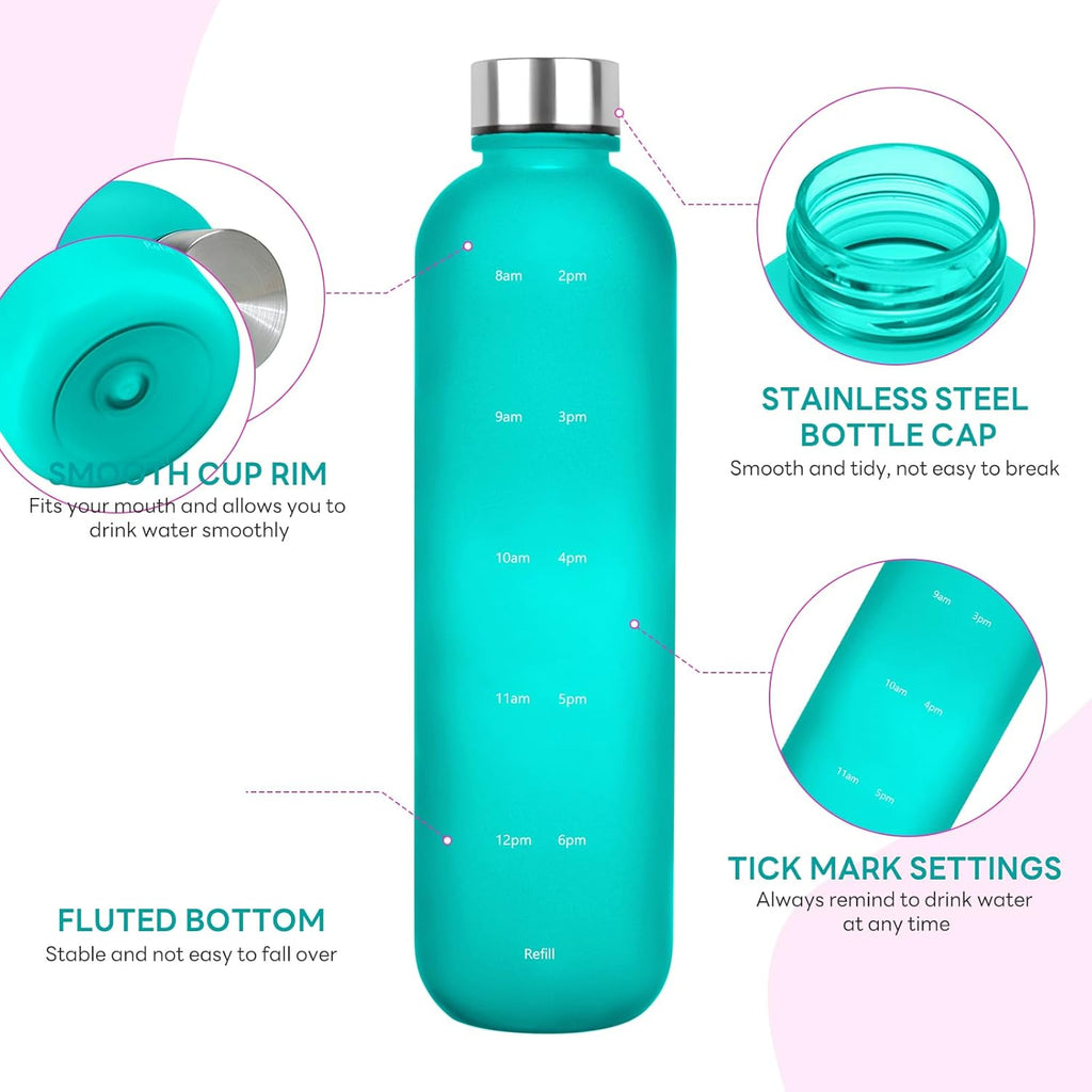 1L（33 oz） daily tracking schedule time hours reminder motivational day goals hydration capacity measured marker tracker plastic wide mouth measurements water bottle