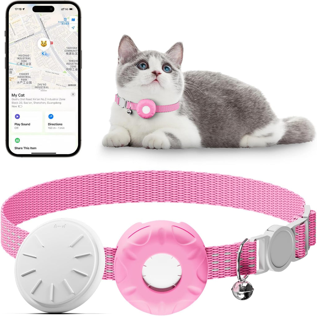 Cat GPS Tracker, Pet Tracker for Cats, Cat GPS Tracker Collar with Safety Elastic Buckle, Works with Any Collar,Compatible with Apple Find My App (Only iOS), Waterproof, No Monthly Fee, Pink