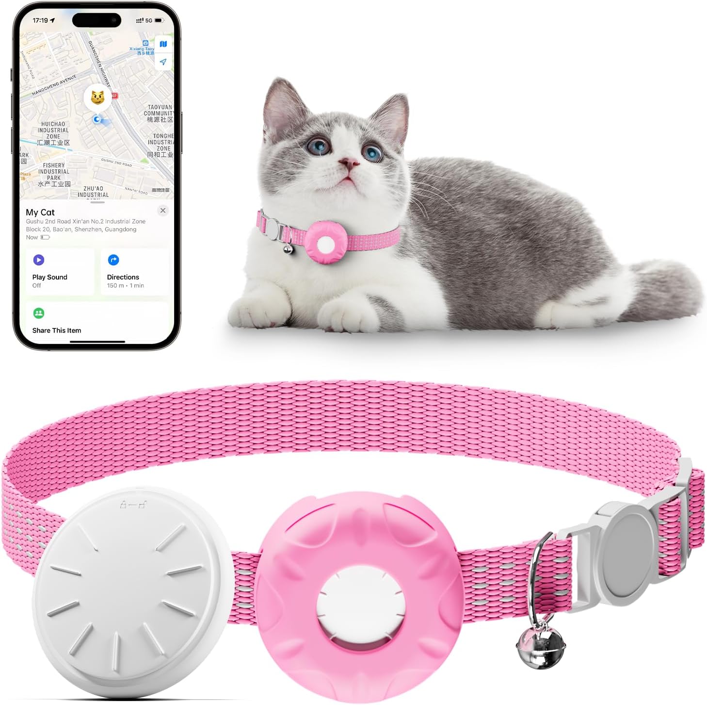 Cat GPS Tracker, Tractive GPS Pet Tracker, Cat Tracker Collar with Safety Elastic Buckle, Works with Any Collar,Compatible with Apple Find My App (Only iOS), No Monthly Fee, Pink