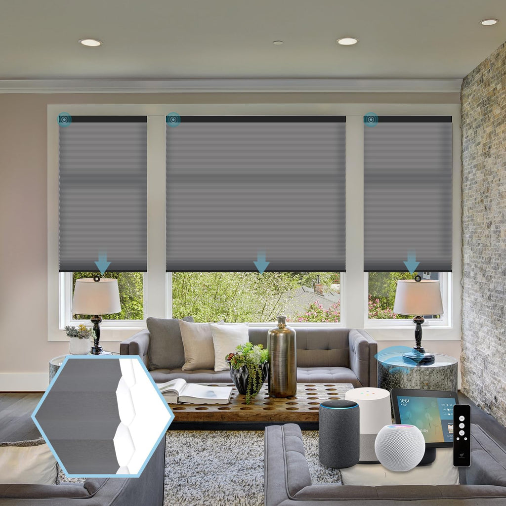 SmartWings Motorized Cellular Shades with Remote, Customized Electric Cordles Honeycomb Blinds Compatible with Alexa/Homekit/Google for Windows, 60% Blackout Single Cell Medium Grey