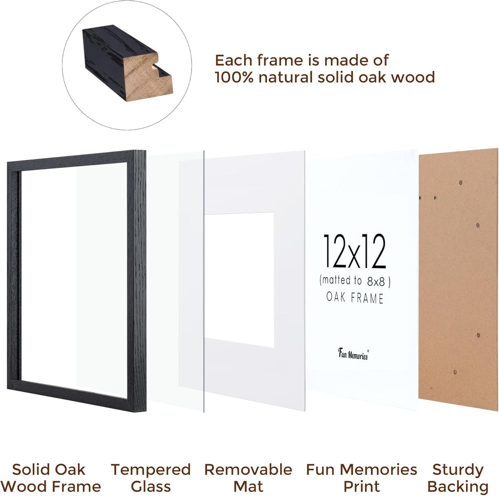 Black Picture Frame 12x12, Oak Wood Frame With Tempered Real Glass, Matted to 8x8, Square Photo Frame for Wall, 1 Pack