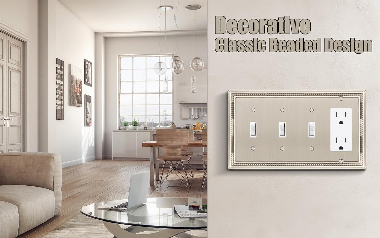 Henne Bery Sunken Pearls Heavy Duty Decorative Wall Plate Switch Plate Outlet Cover (Triple Toggle/Single Decorator, Satin Nickel)