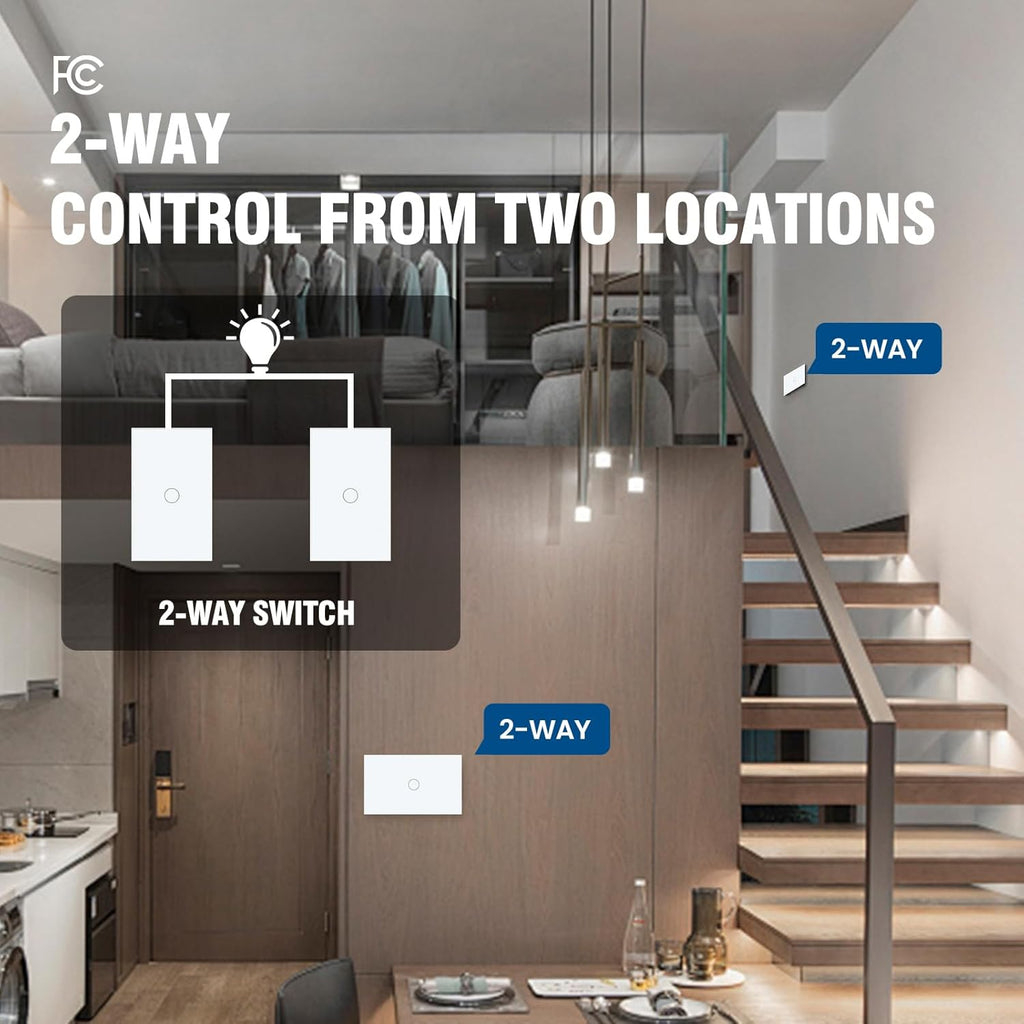 2 Way Light Switch 118X72X34MM No Neutral Wire, Wall Touch Switch 1000W, Tempered Glass Panel, FCC, White 1 Gang