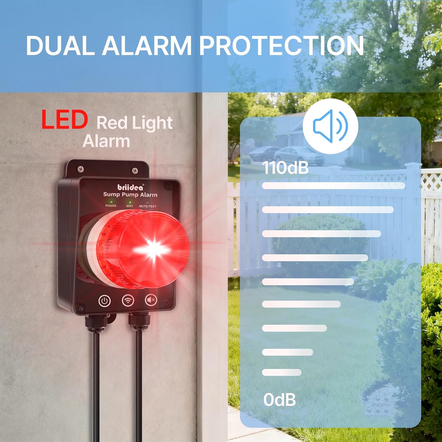 Smart WiFi Sump Pump Alarm, Briidea Indoor/Outdoor High Water Level Alarm, Supports APP Remote Monitoring, Equipped with 110dB Buzzer and LED Indicator, Ideal for Basements and Septic Sump Pump