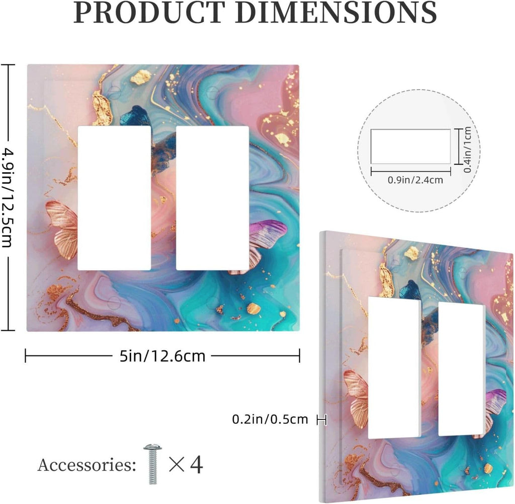 Colorful Marble Butterfly Gold Glitter Abstract Print Decorative Outlet Covers 2 Gang Double GFCI Rocker Electrical Wall Panels Light Switch Cover Plate for Bed Room Living Room Decor
