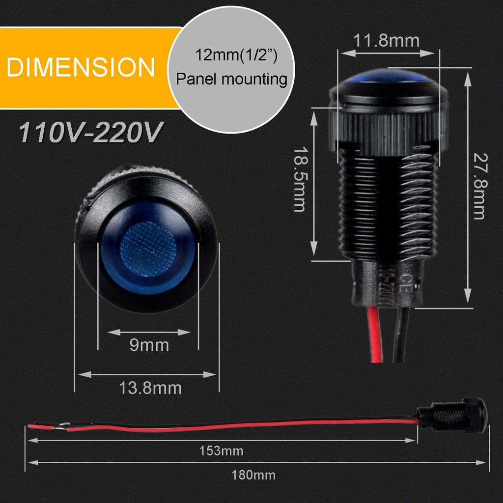 5pcs 12mm LED Indicator Light Plastic Black Signal Dot Lamp 110-220V AC 1/2 inches Mounting Hole Size with 15cm/5.9in. Wire (Blue LED)