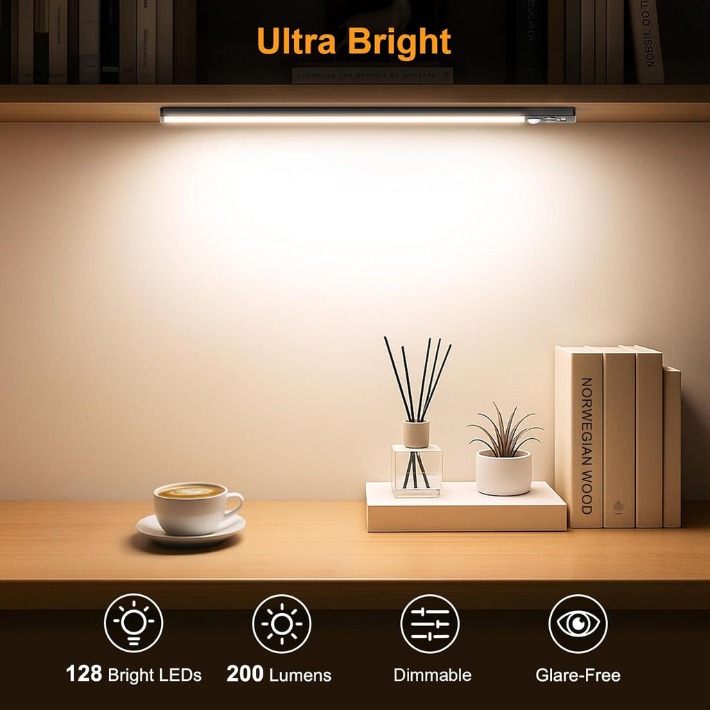 Gritin 14.7inch Under Cabinet Lighting Rechargeable - 128 LED Super Bright, 3-Color&5 Level Brightness, 4 Modes, Motion Sensor, Long Lasting-Easy Installation Magnetic Closet Lights - 2 Pack-Black