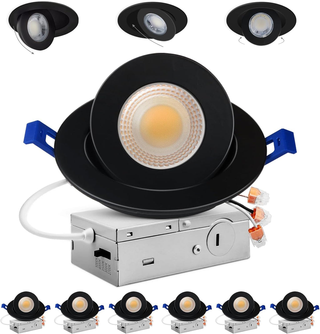 Adetu 4 inch 5CCT Gimbal Black Led Recessed Lights, 360°+90° Adjustable Directional Recessed Lighting, 2700K/3000K/3500K/4000K/5000K Dimmable Retrofit Eyeball Can Lights with Jbox, ETL（Black, 6 Pack）