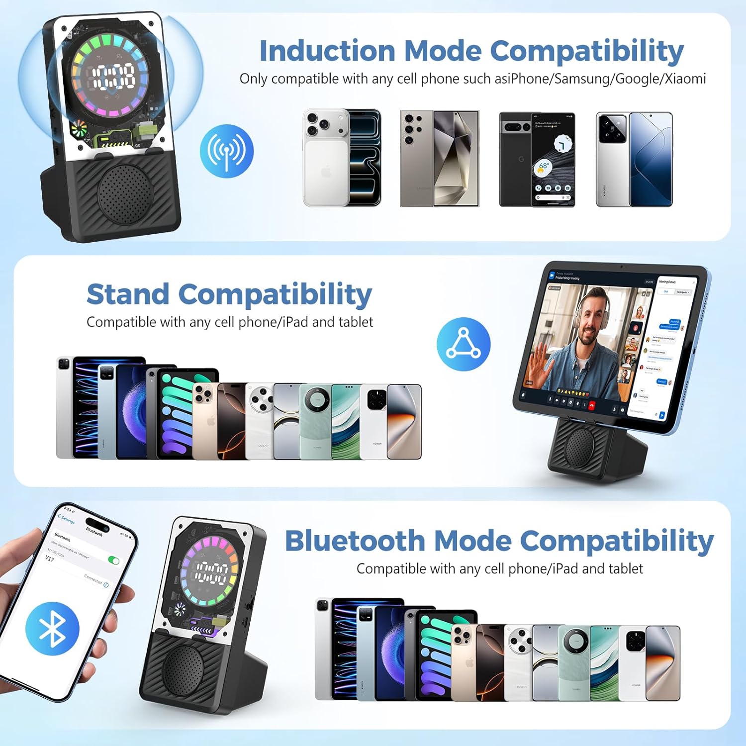 Wireless Induction Speaker, 5 in 1 Bluetooth Speaker with Cell Phone Stand, Phone Holder with Rechargeable Colorful Light and Alarm Clock for iPhone/Android/iPad, for Men Women（Black）