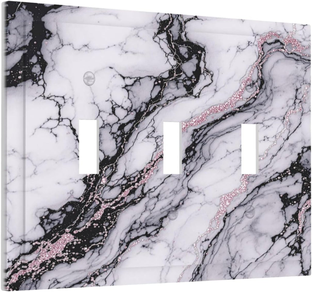 Decorative Switch Plates White Marble Pattern Black Lines Pink Lines 3 Gang Wall Plate Triple Toggle Light Switch Cover Faceplate Electrical Wall Panels for living Room Office Decor