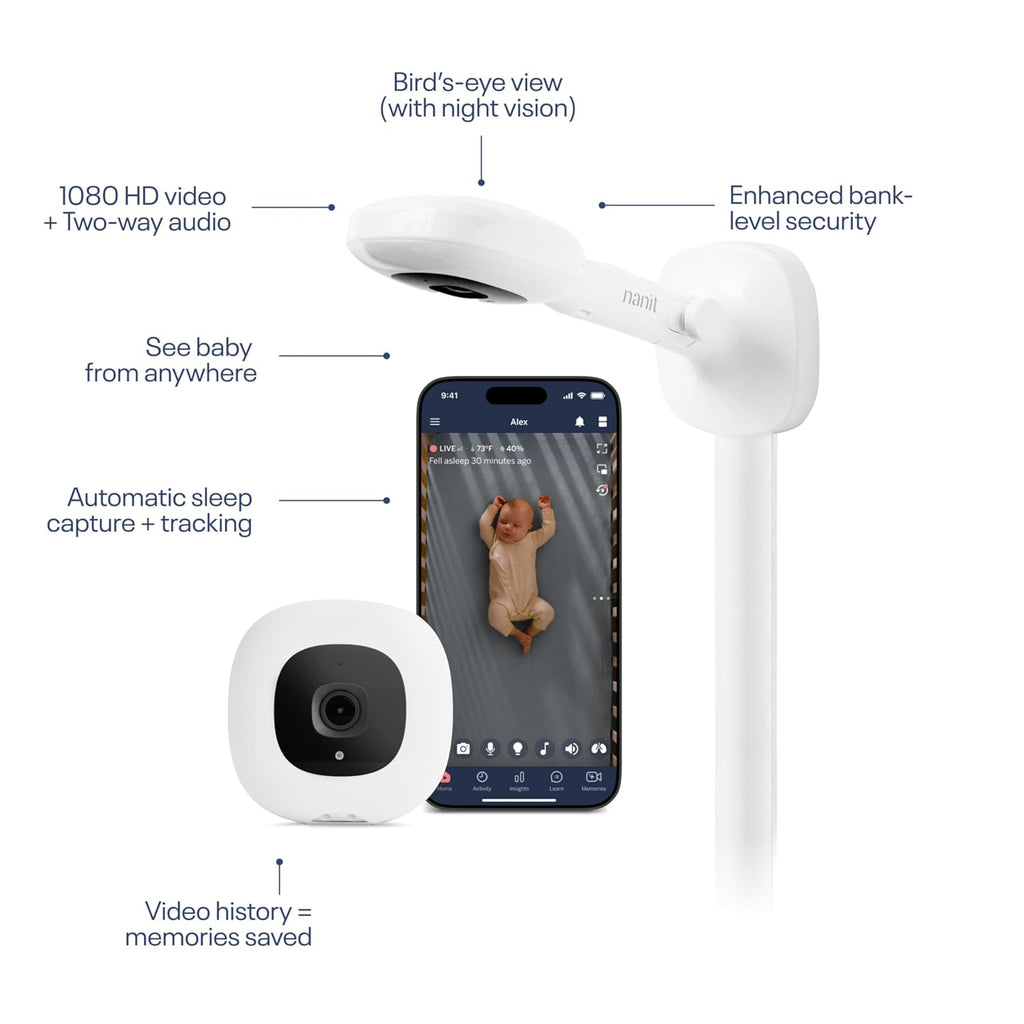 Nanit Essentials Smart Baby Monitor with Wall Mount – 1080p HD Wi-Fi Camera, Sensor-Free Breathing Monitoring, Sleep Tracking, Two-Way Audio, Night Vision, Sound & Motion Notifications, White
